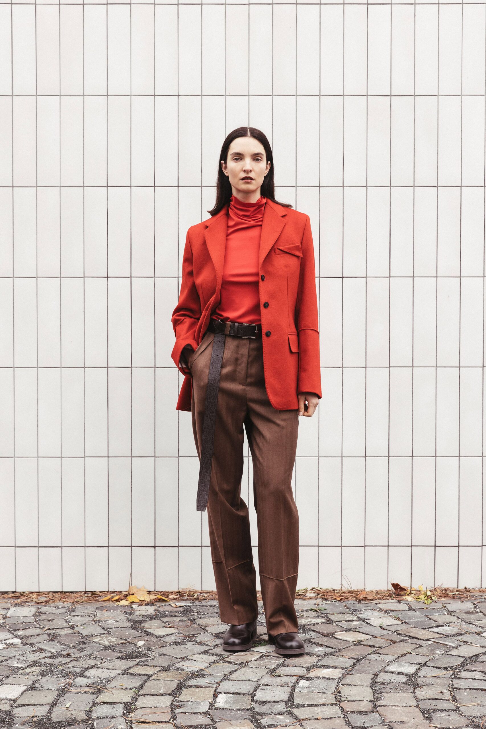 brown wool slim pleated pants