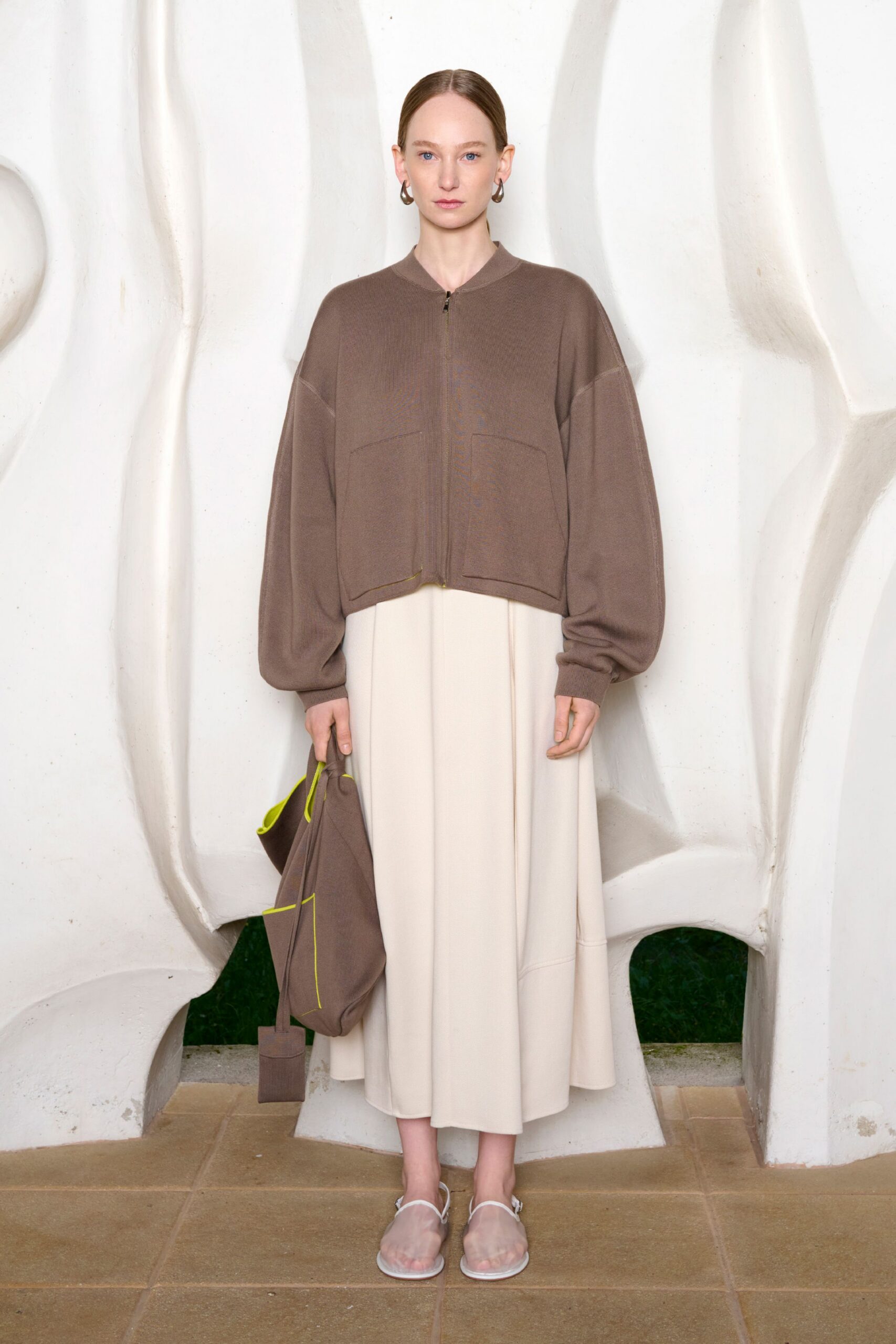 brown cotton long-sleeve collared oversized cropped cardigan