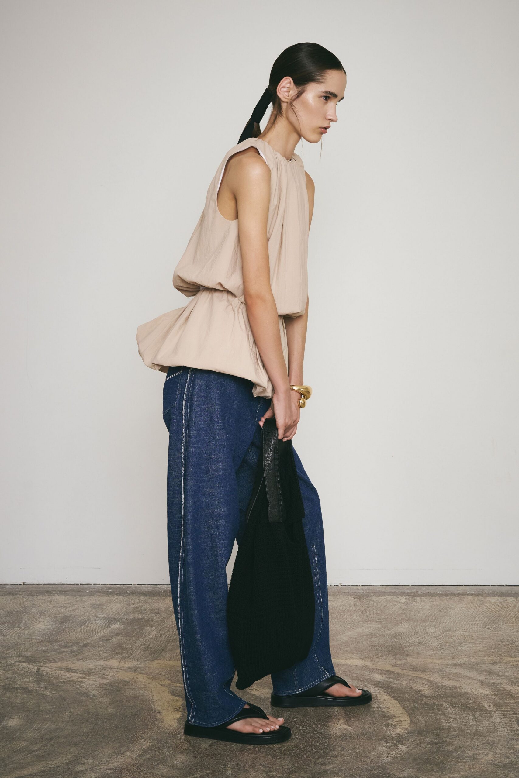 beige cotton sleeveless high-neck relaxed draped top