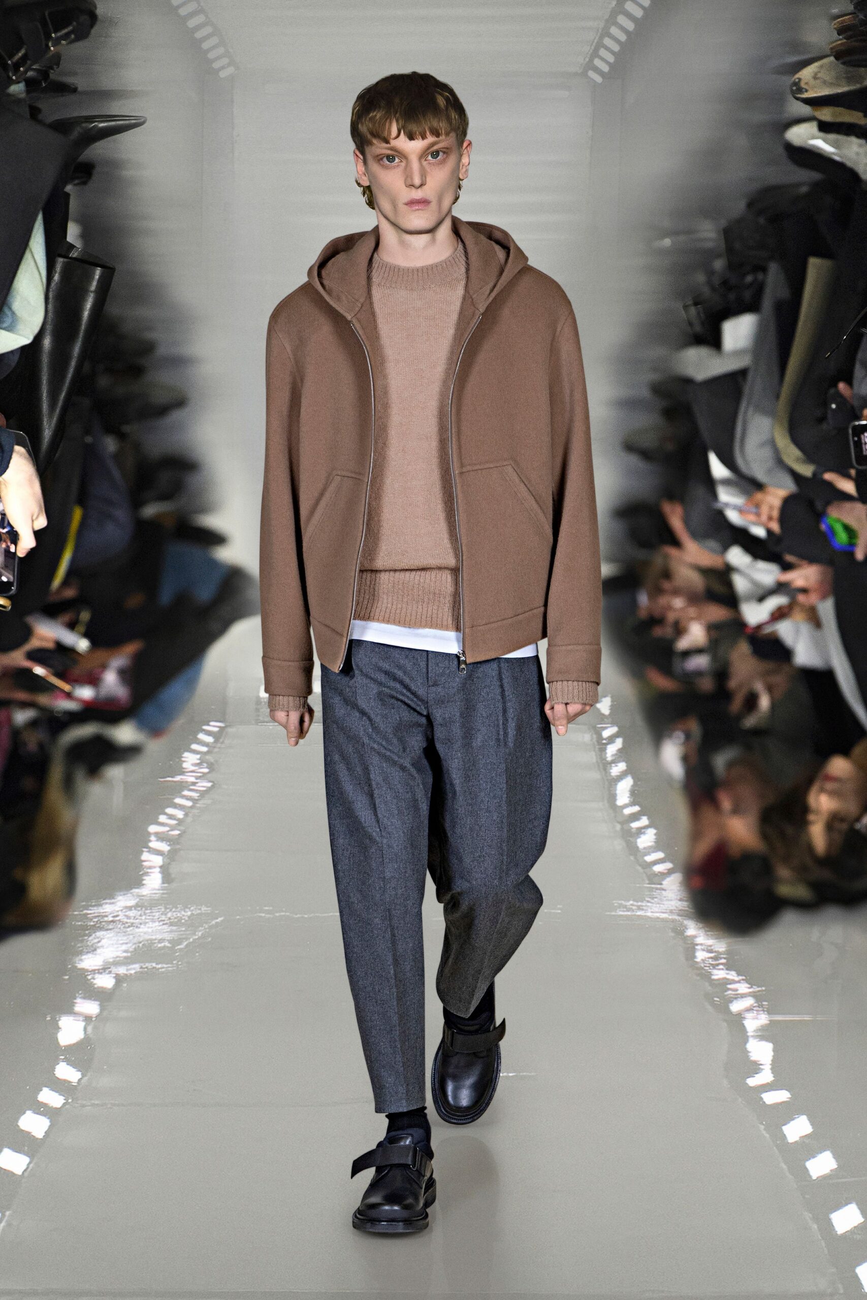 brown hoodie beige sweater gray pants