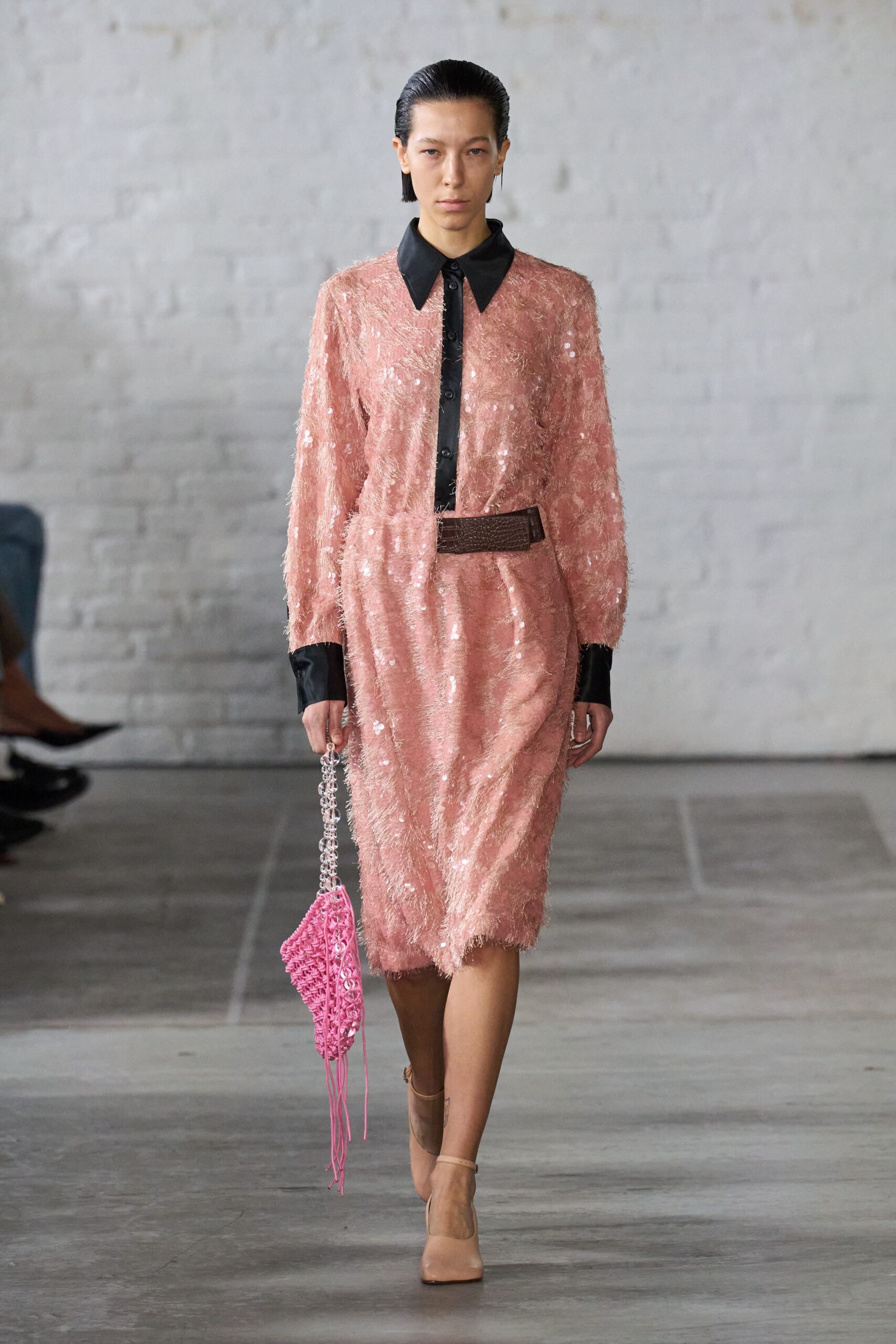 pink silk long-sleeve collared fitted beaded pleated dress