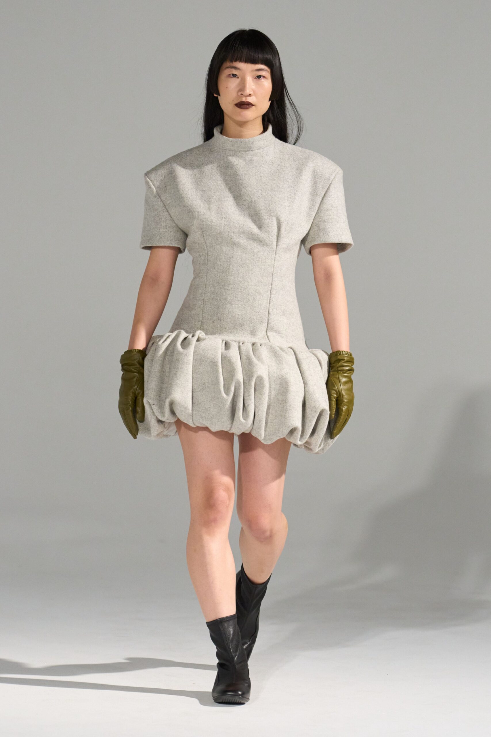 gray wool short-sleeve high-neck fitted pleated ruffled dress
