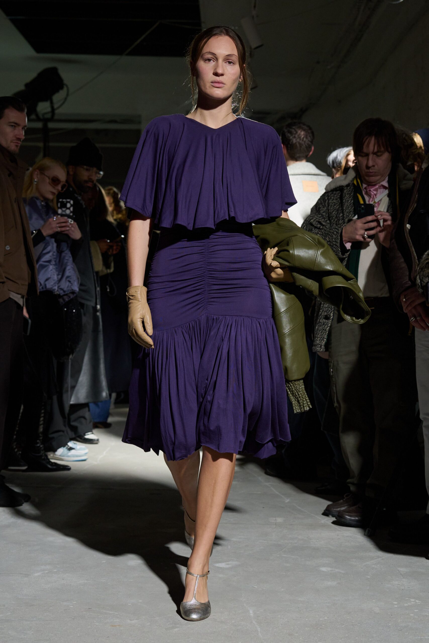 purple pleated midi dress
