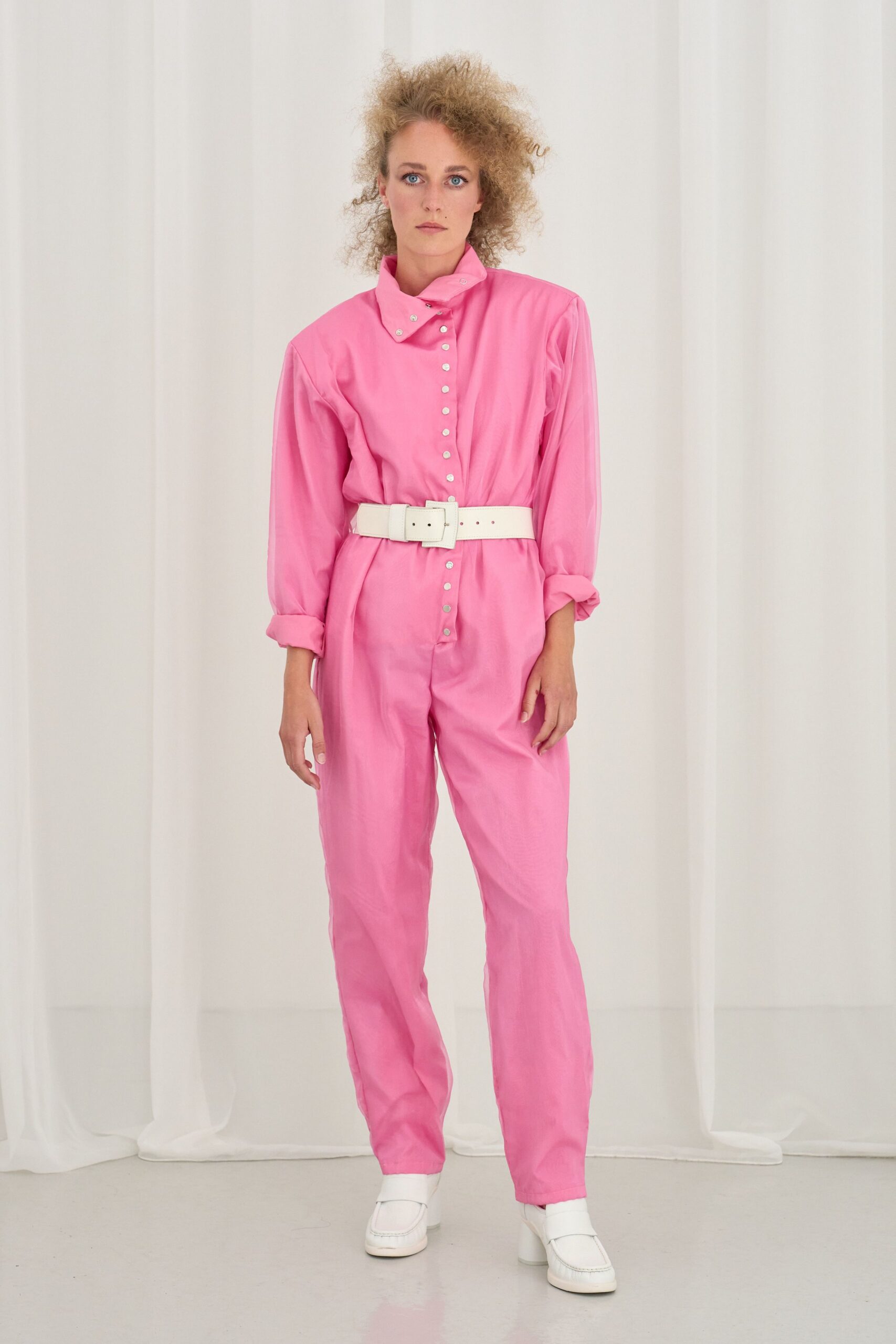 pink cotton long-sleeve collared relaxed buttoned jumpsuit