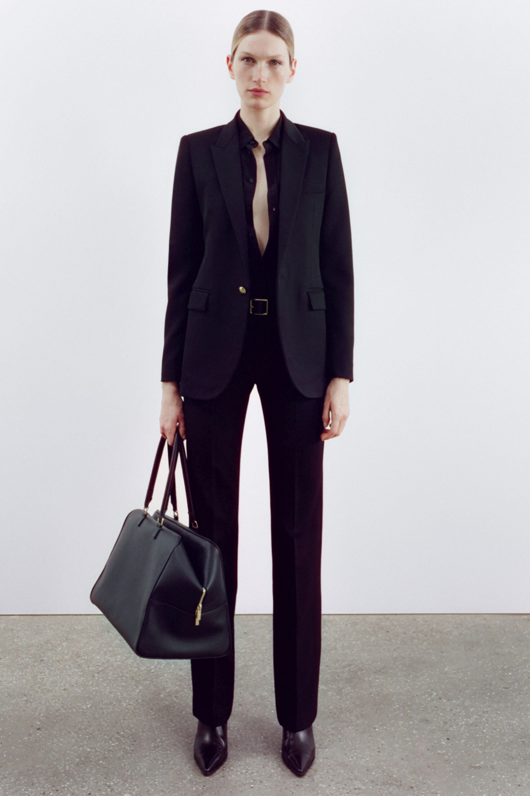 black tailored blazer and pants
