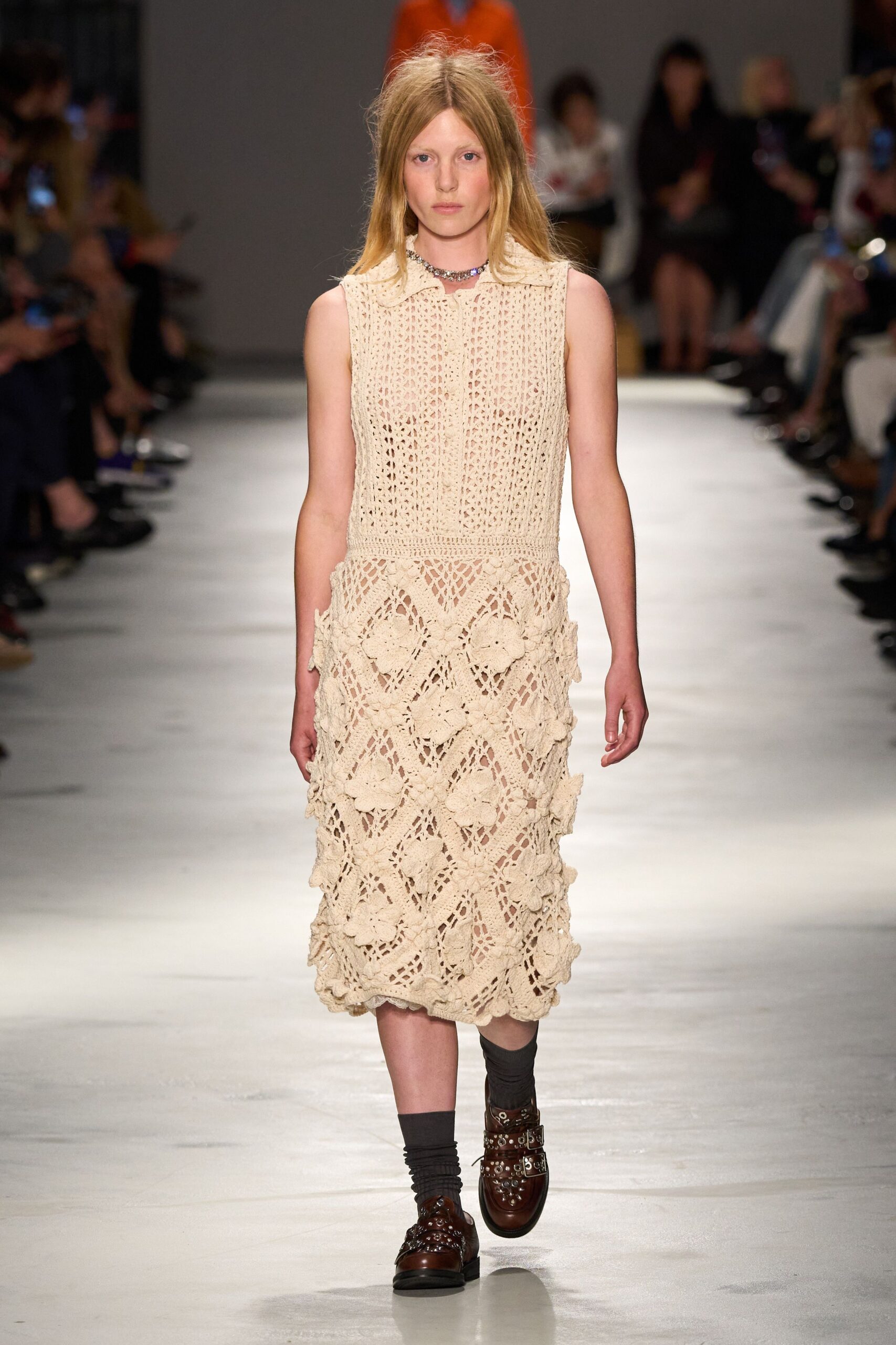 beige cotton sleeveless collared fitted layered embroidered dress