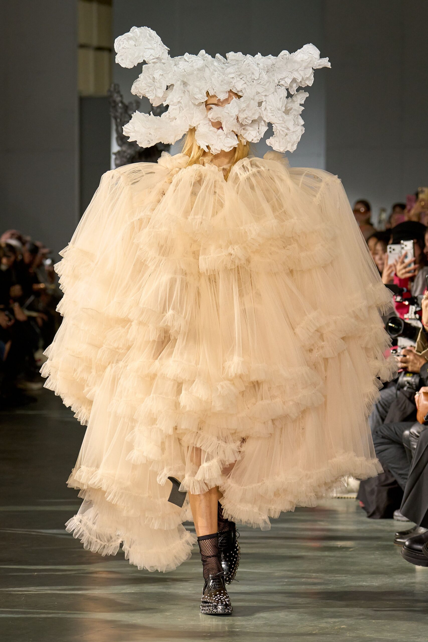 beige tulle sleeveless oversized tiered flowing maxi gown