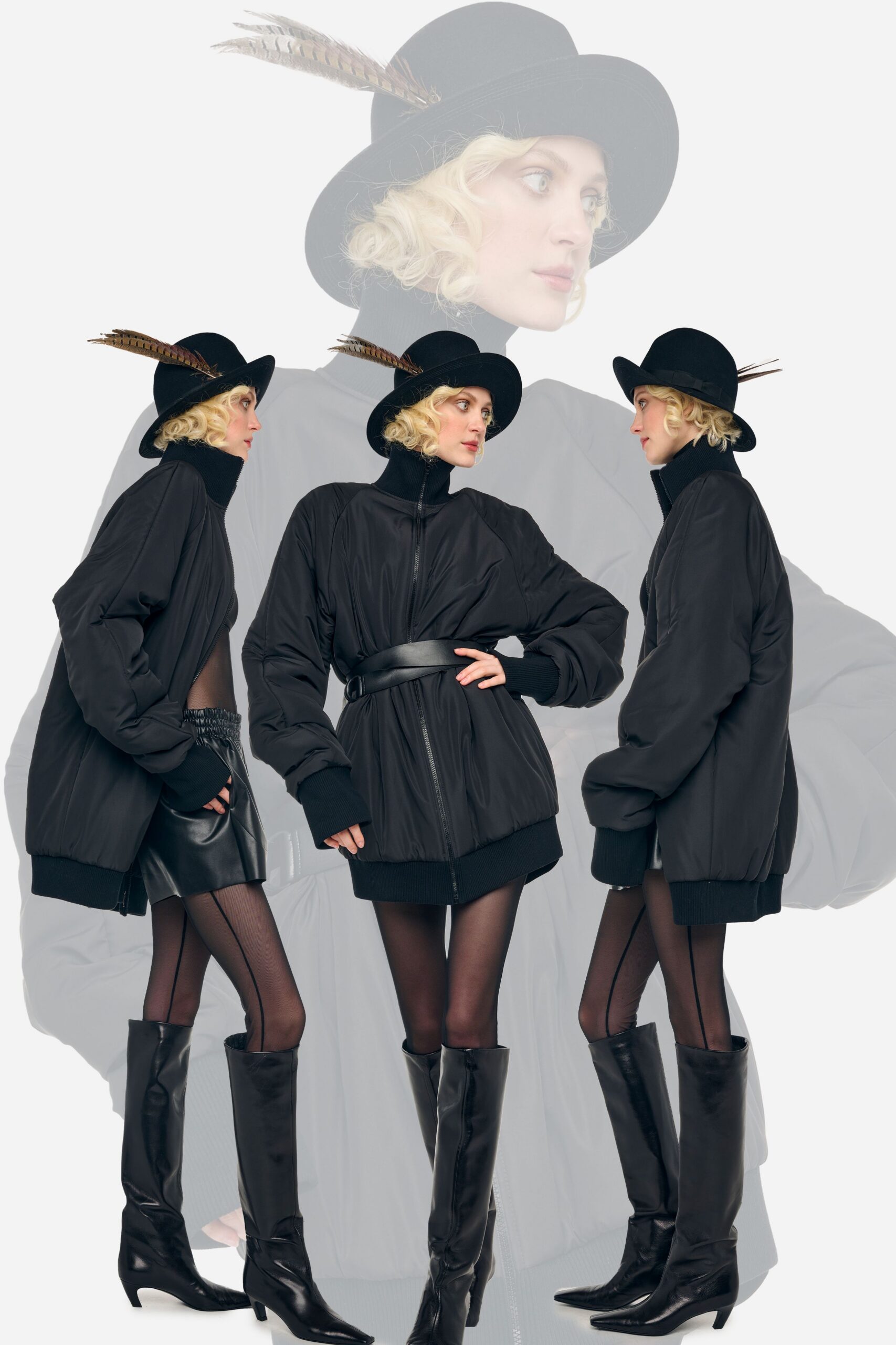black oversized jacket with leather skirt