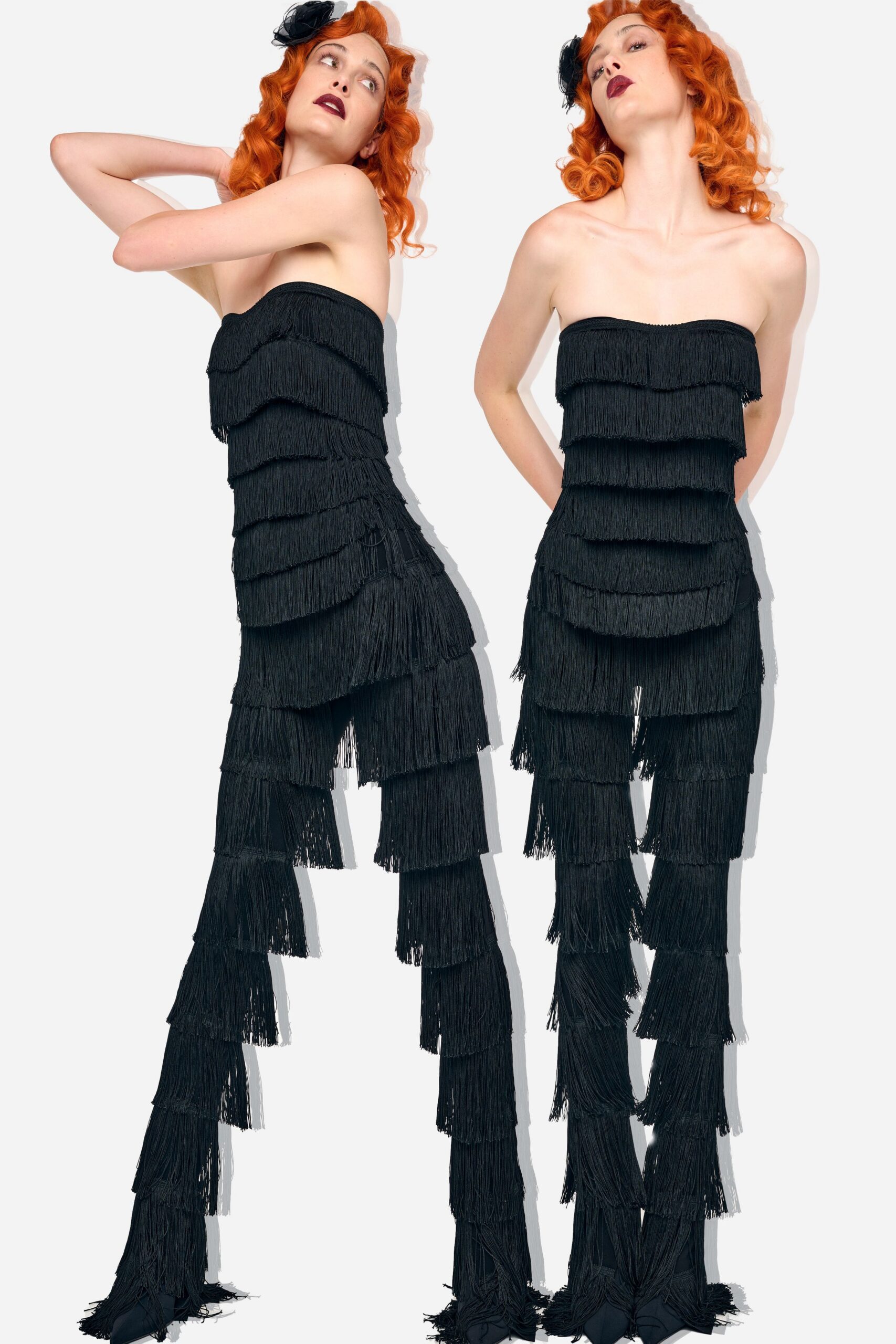 black fringed strapless jumpsuit