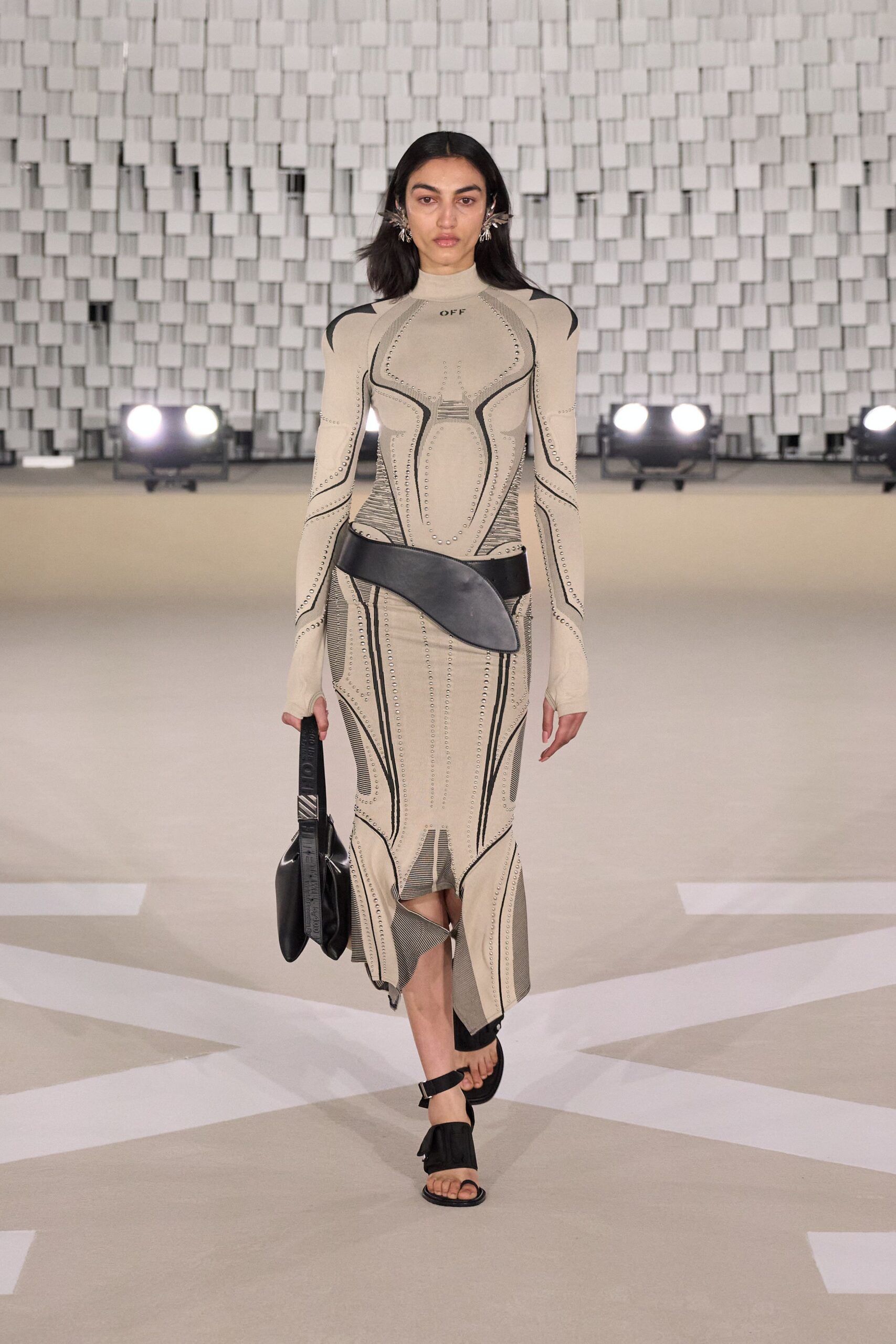beige knit long-sleeve v-neck fitted ruched midi dress