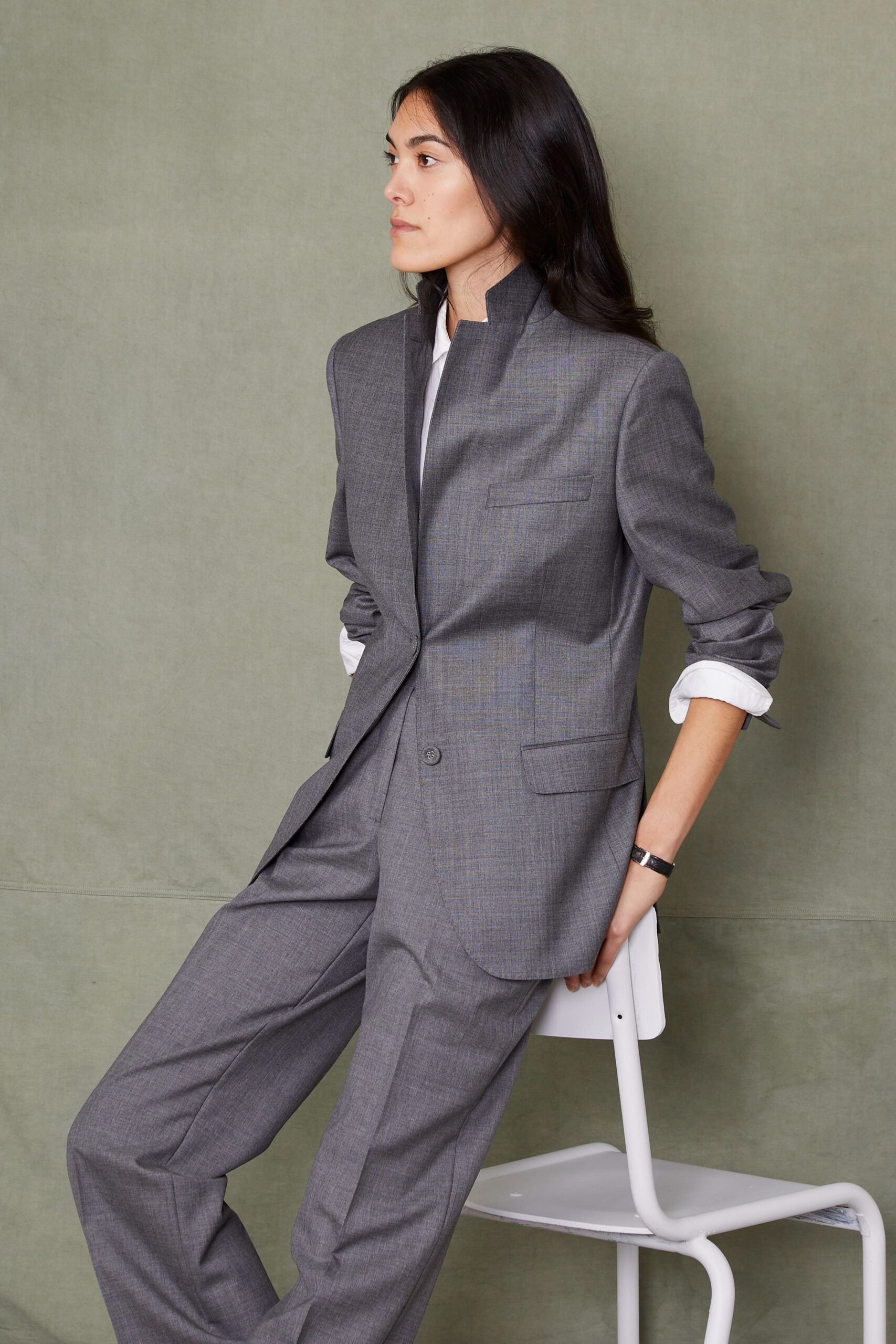 gray tailored blazer and pants