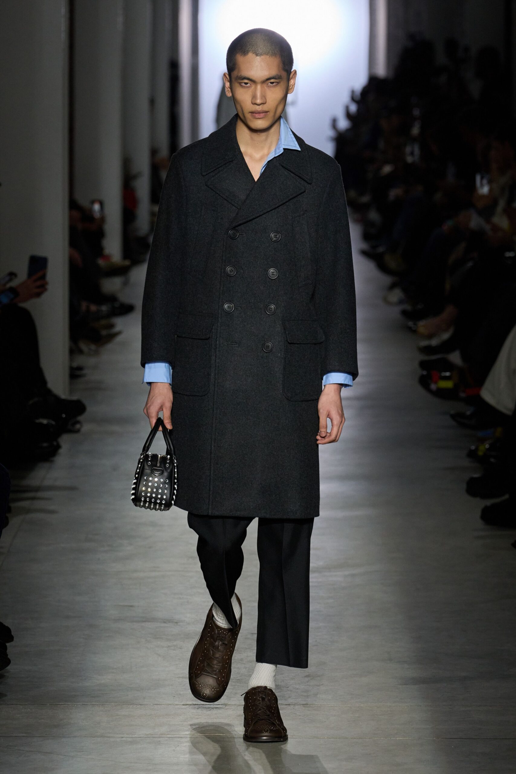 gray wool long-sleeve collared structured coat