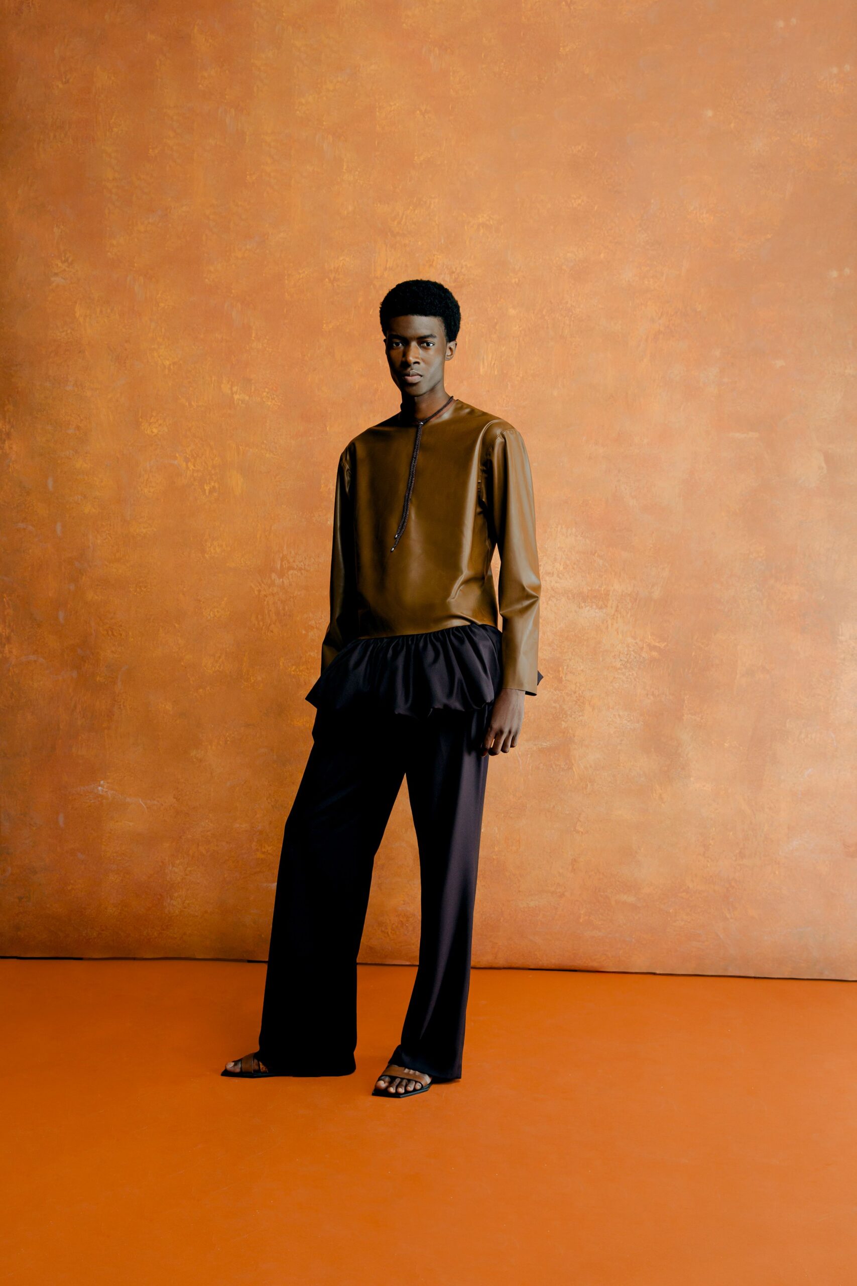 brown leather long-sleeve high-neck fitted draped top