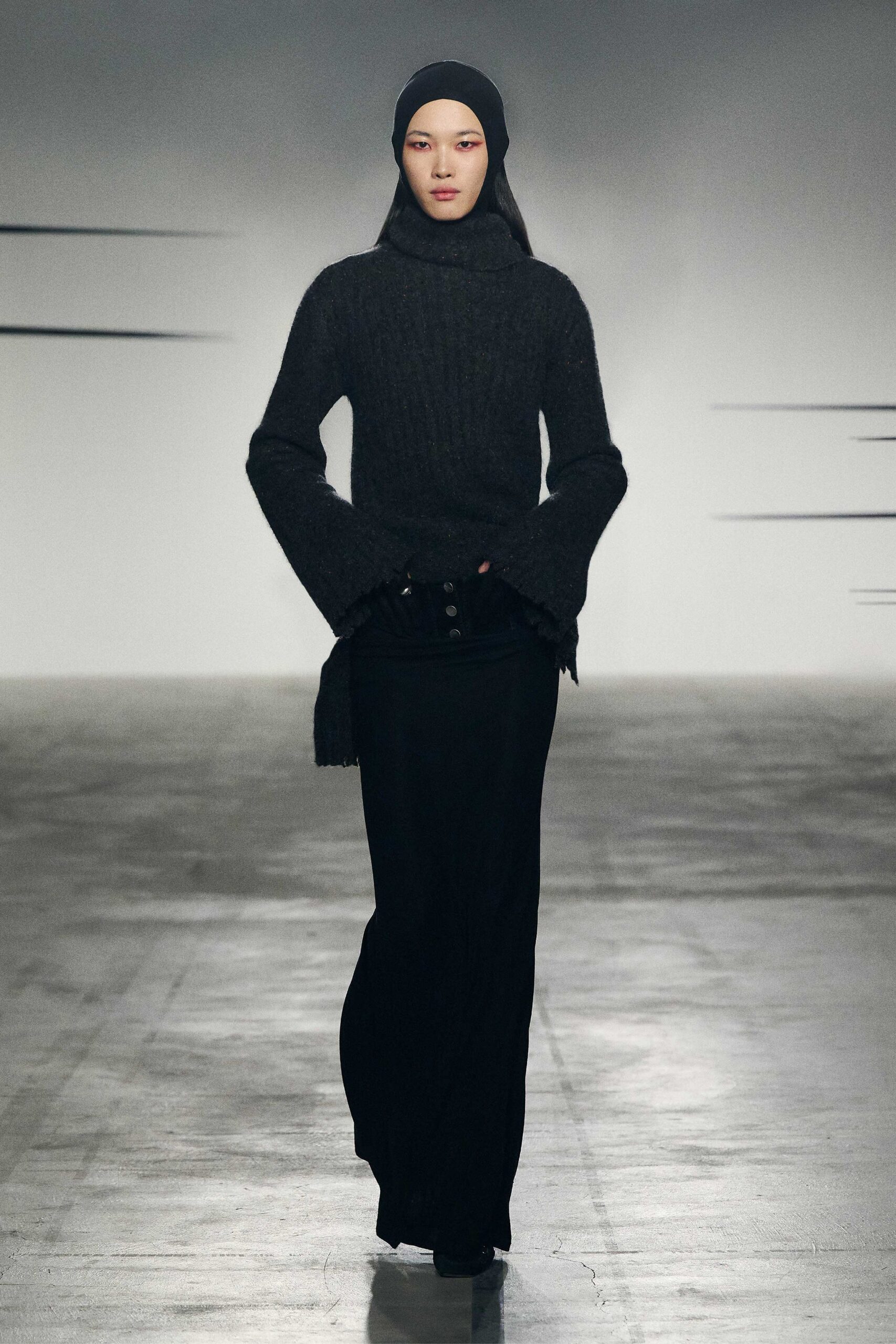 black wool long-sleeve turtleneck fitted ruffled sweater