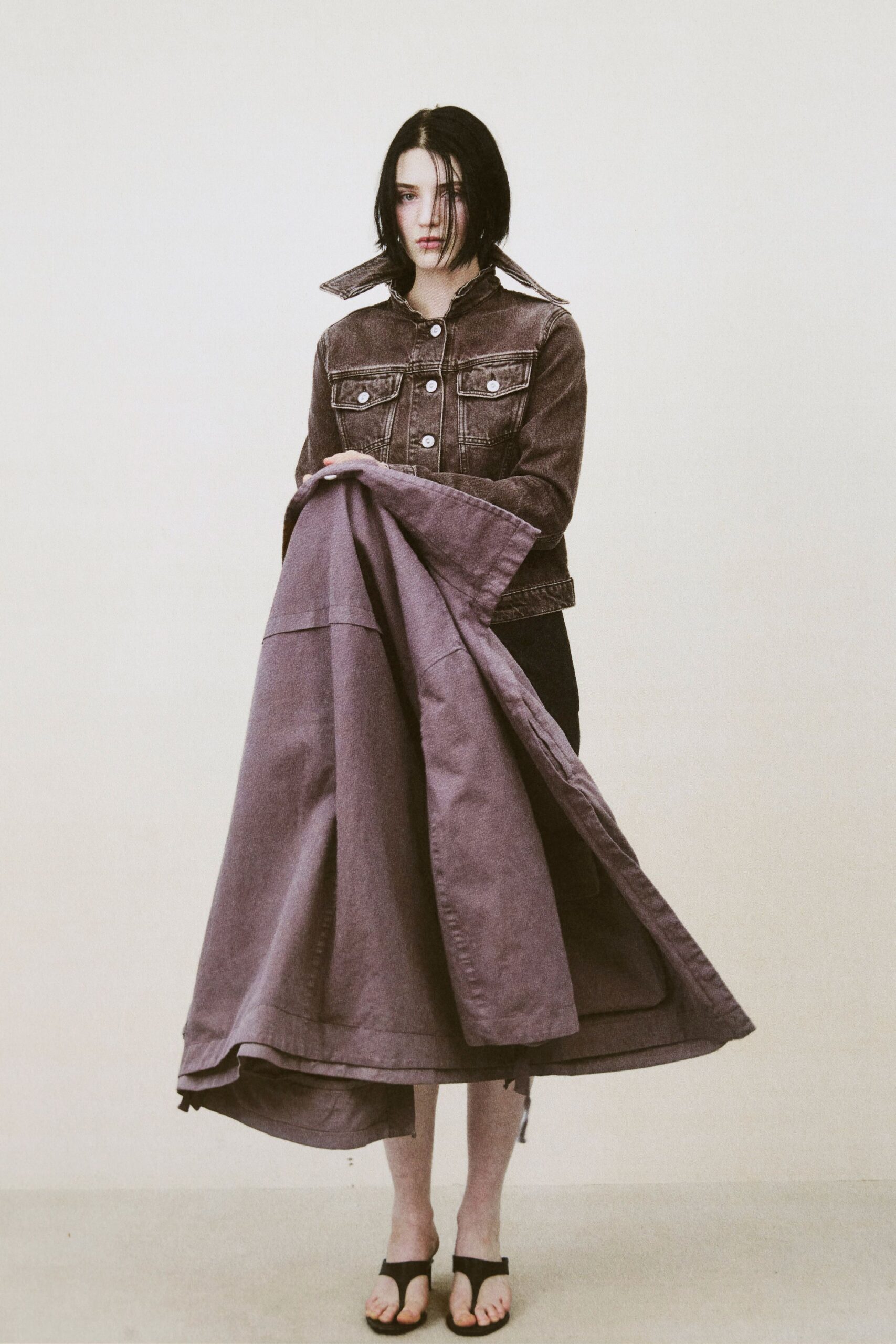 brown denim jacket purple coat black shoes