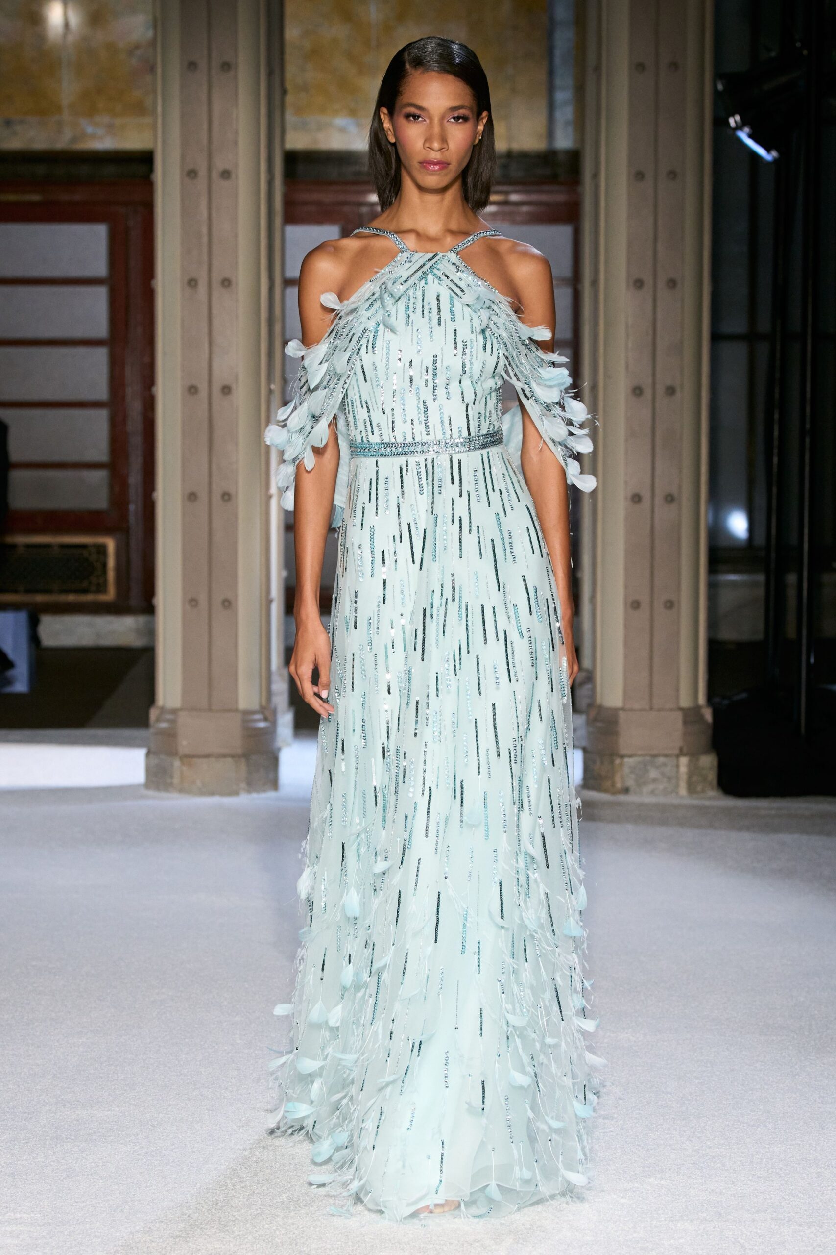 blue silk off-shoulder gown