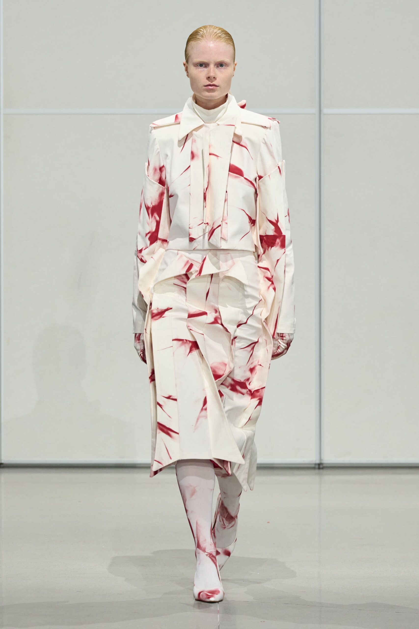 white silk long-sleeve collared fitted printed midi dress