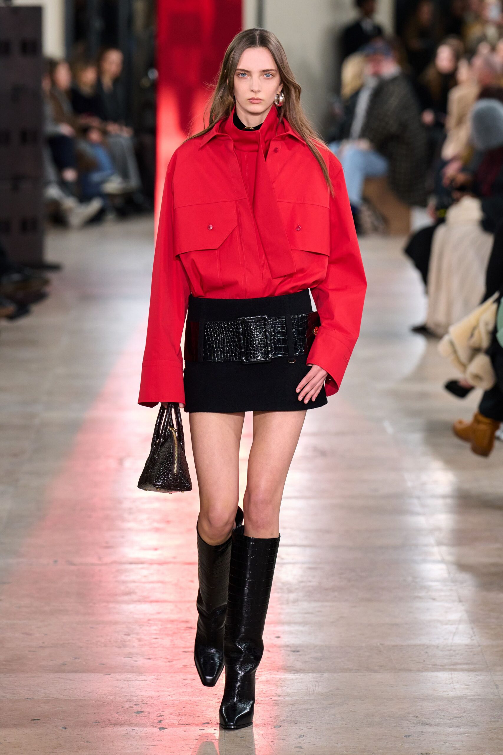 red cotton long-sleeve collared oversized shirt