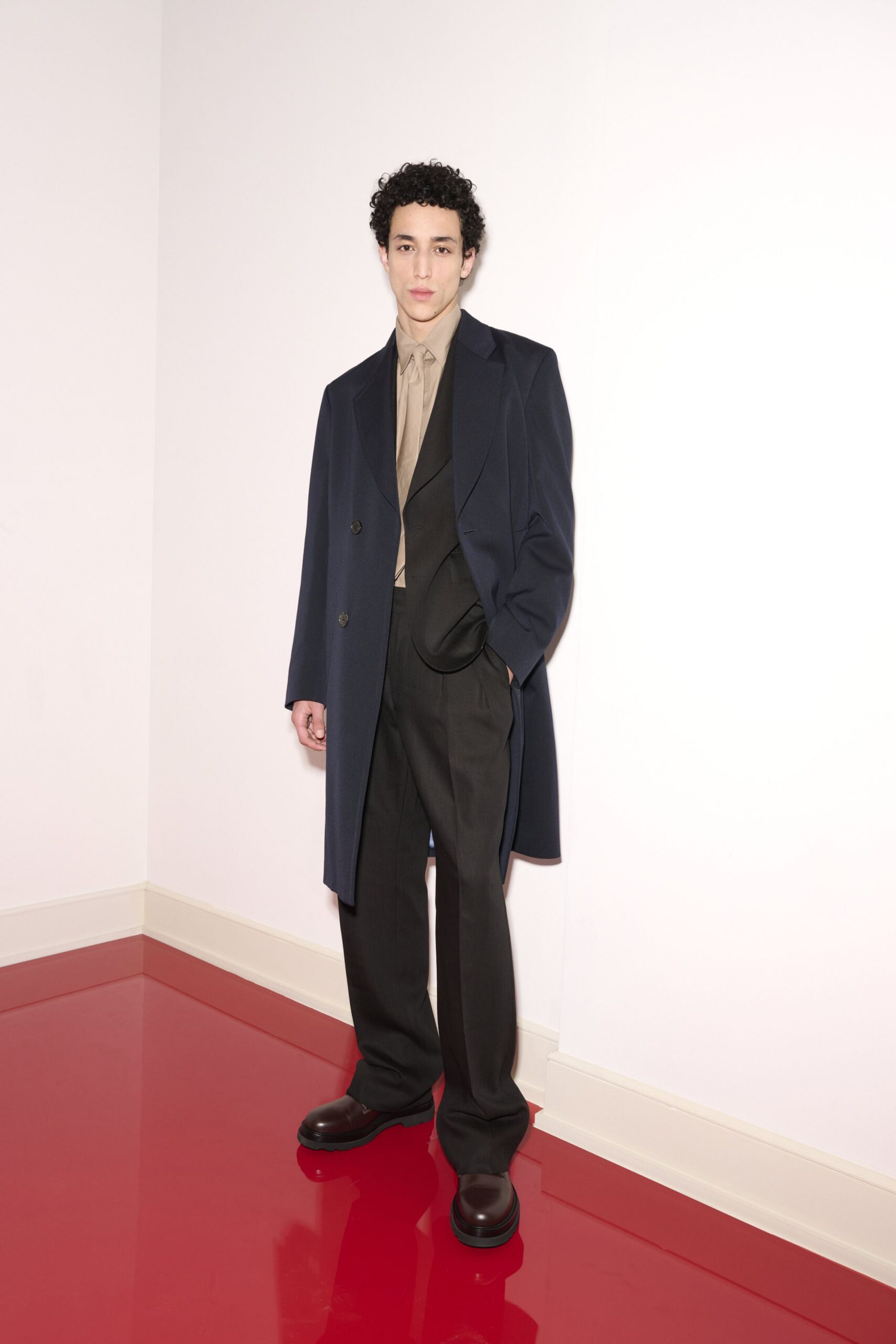 blue wool long-sleeve double-breasted structured coat