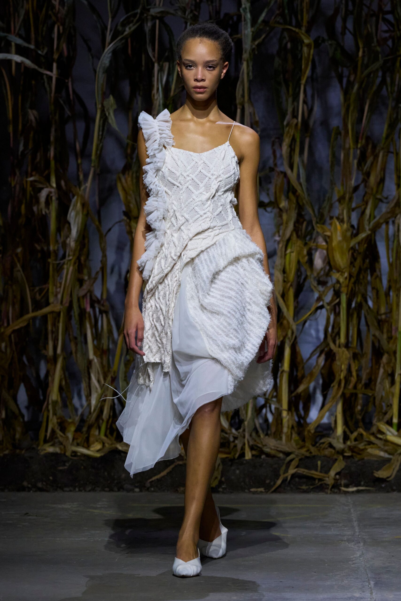 white ruffled asymmetric midi dress