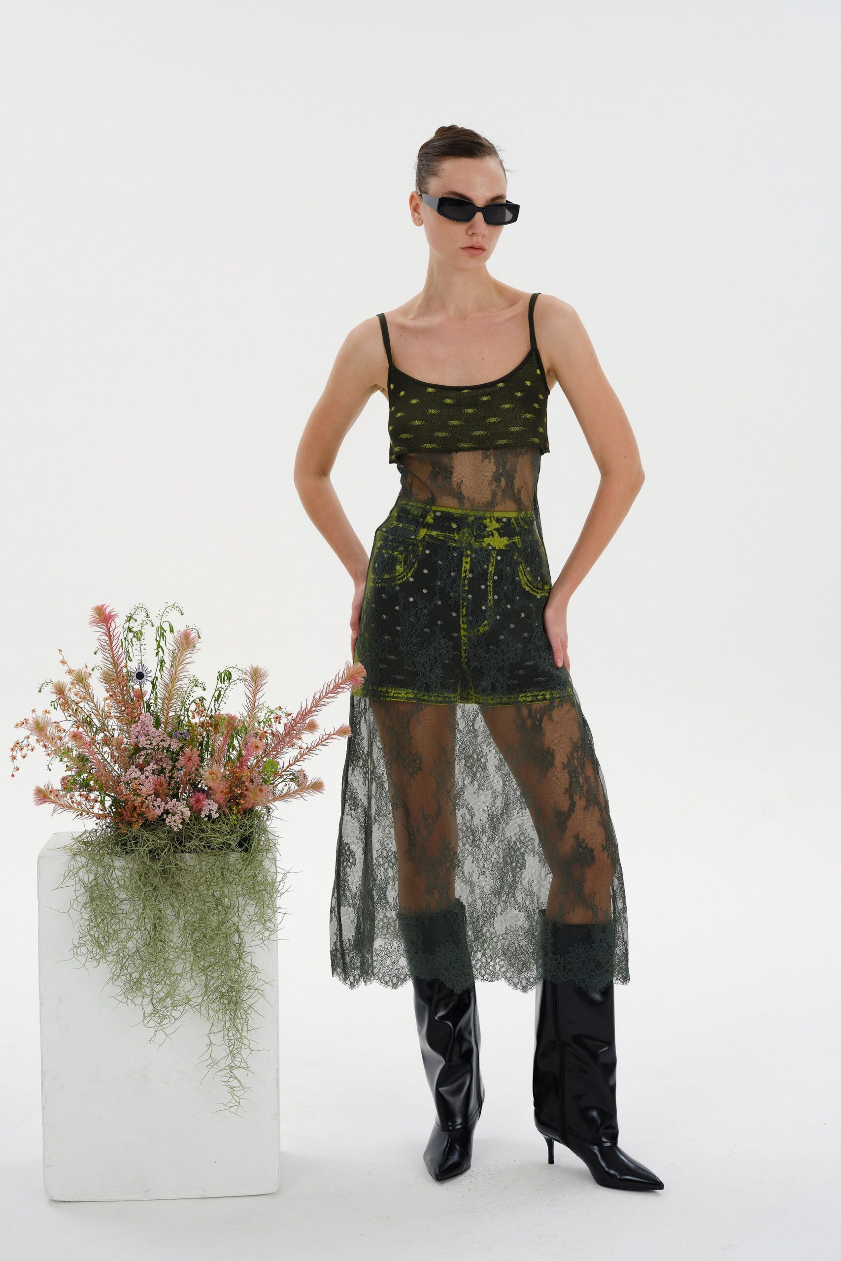 green lace sleeveless square-neck fitted sheer top