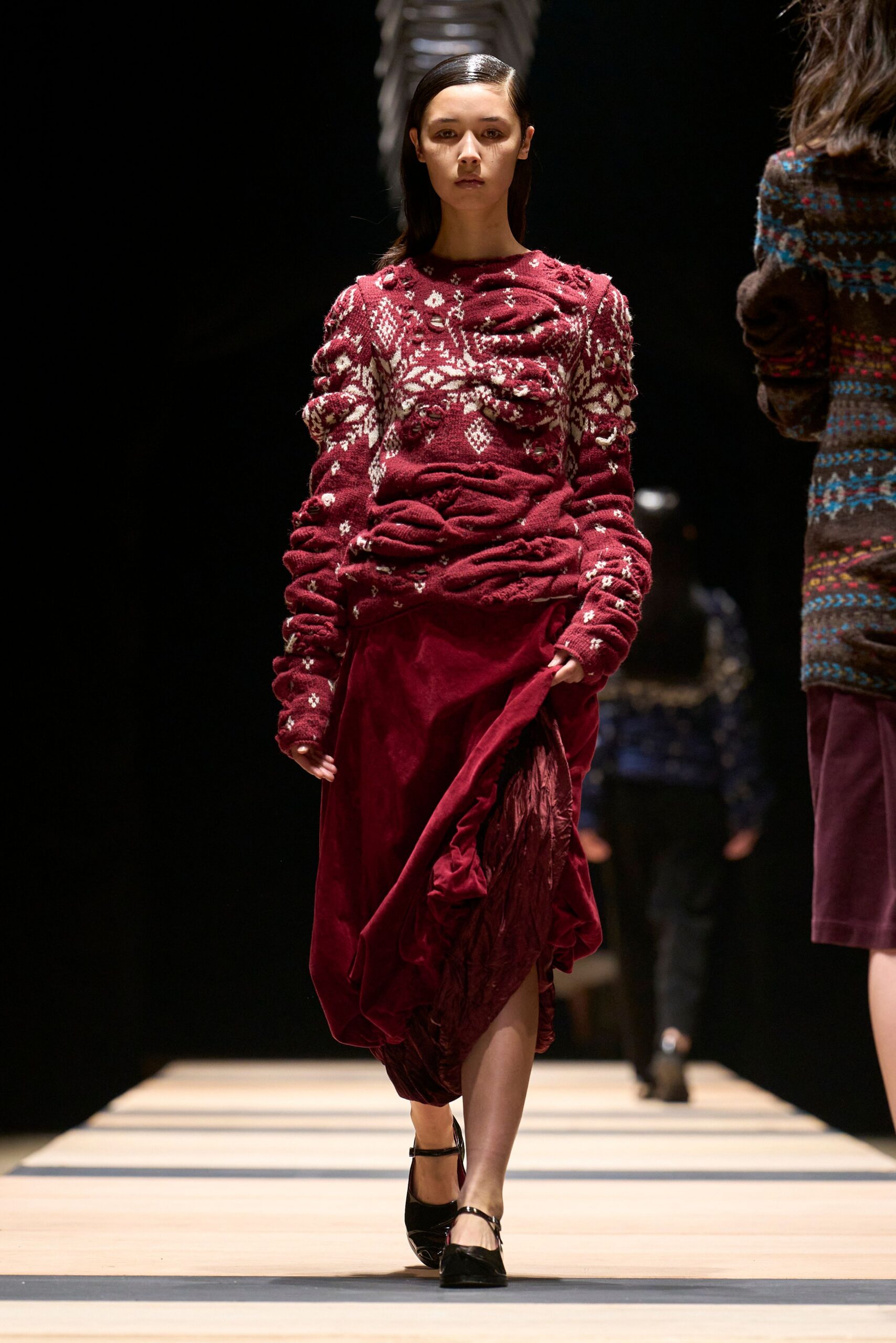 red wool long-sleeve v-neck fitted pleated embroidered dress