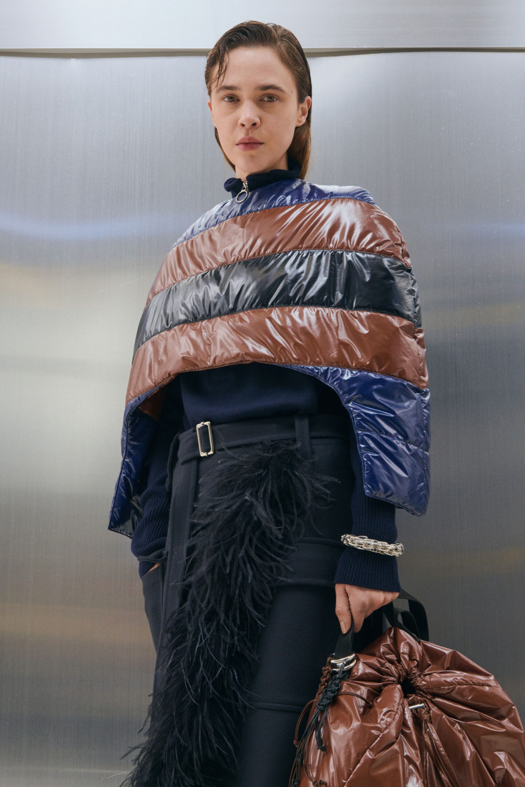 brown vinyl relaxed color-blocked shiny poncho