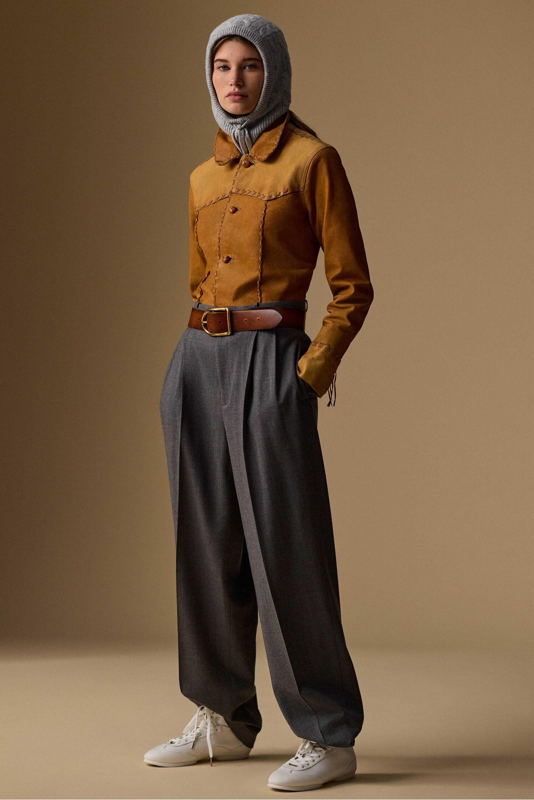 brown suede long-sleeve collared relaxed buttoned jacket