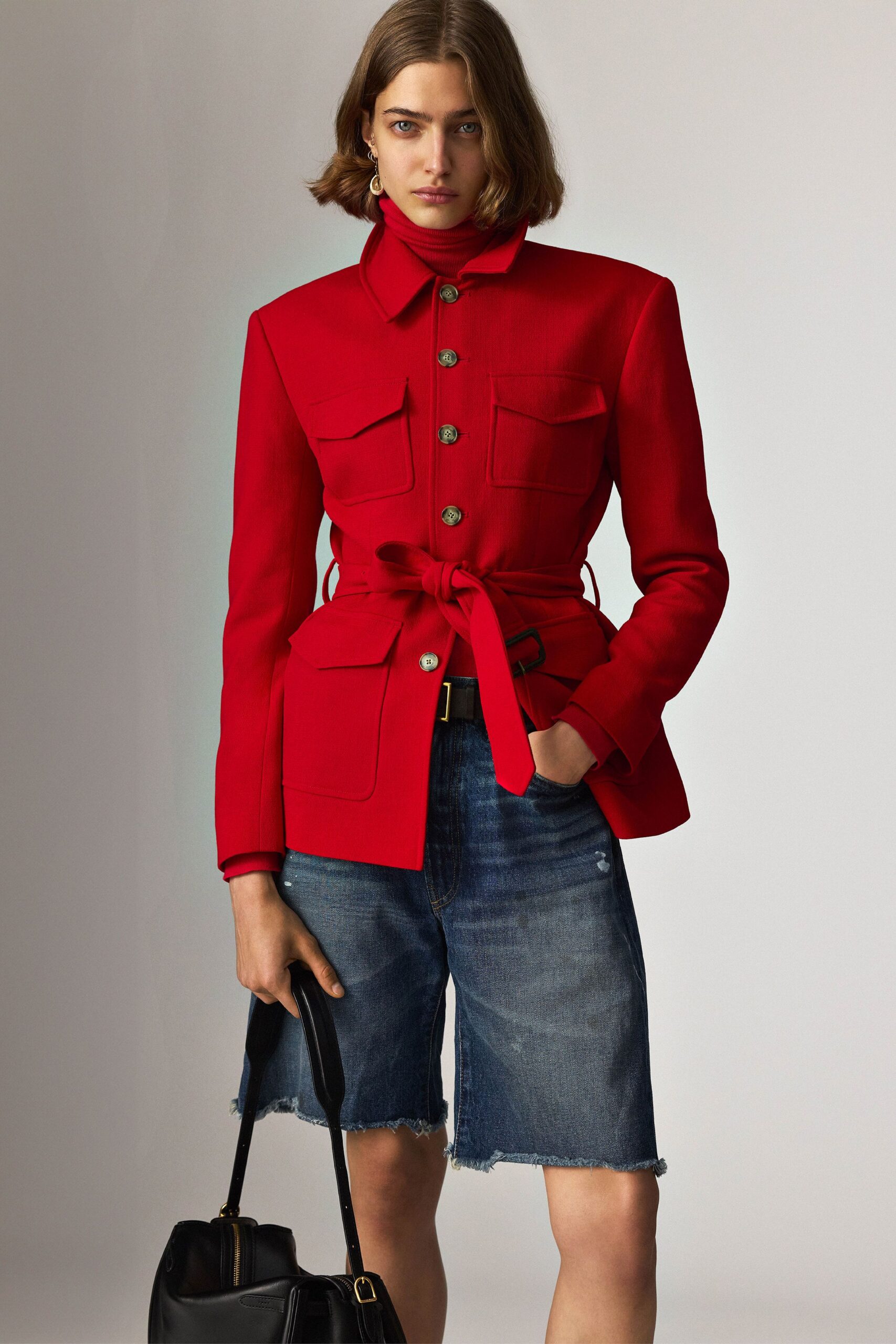 red cotton long-sleeve collared fitted buttoned belted jacket