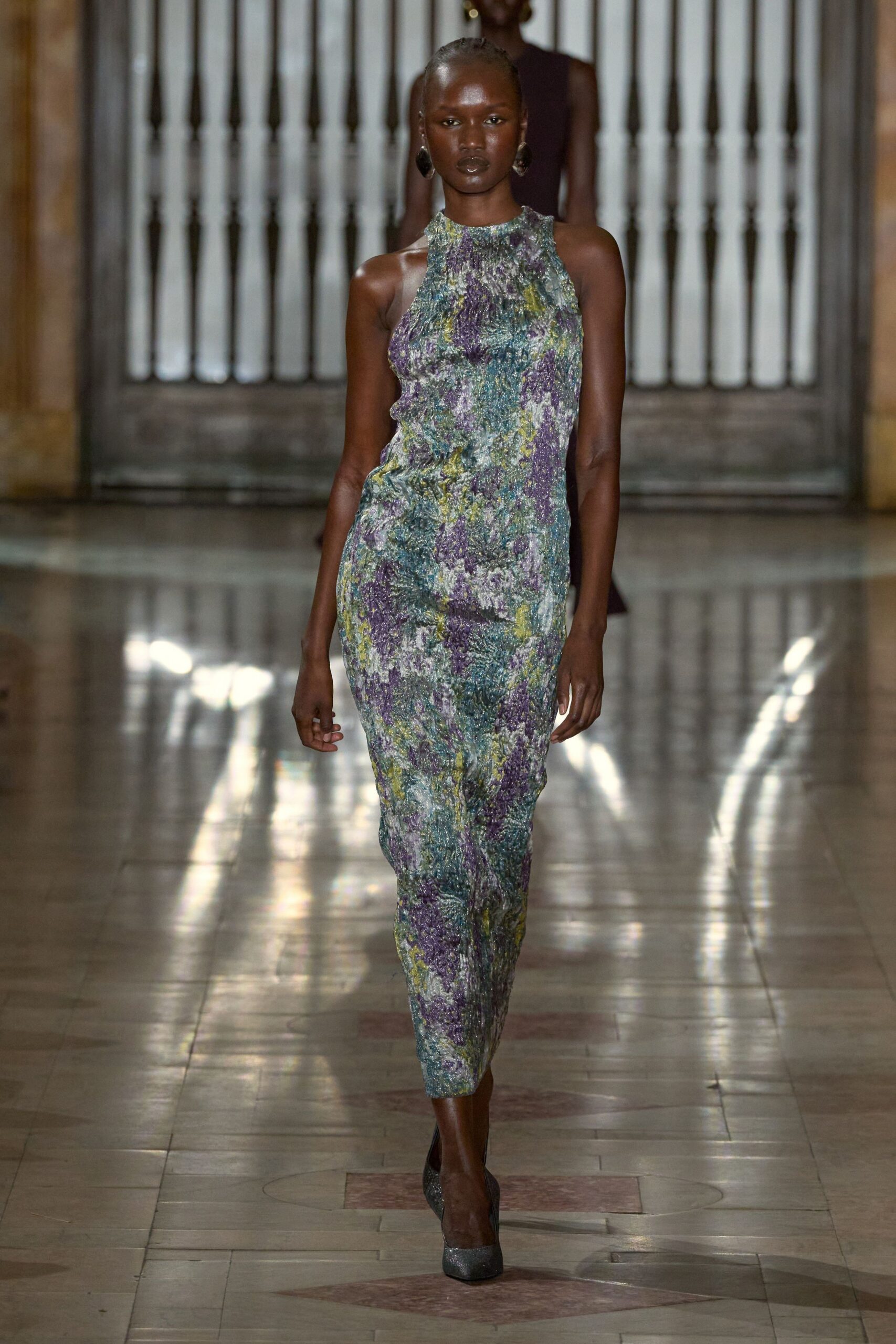 purple silk sleeveless high-neck fitted printed midi dress