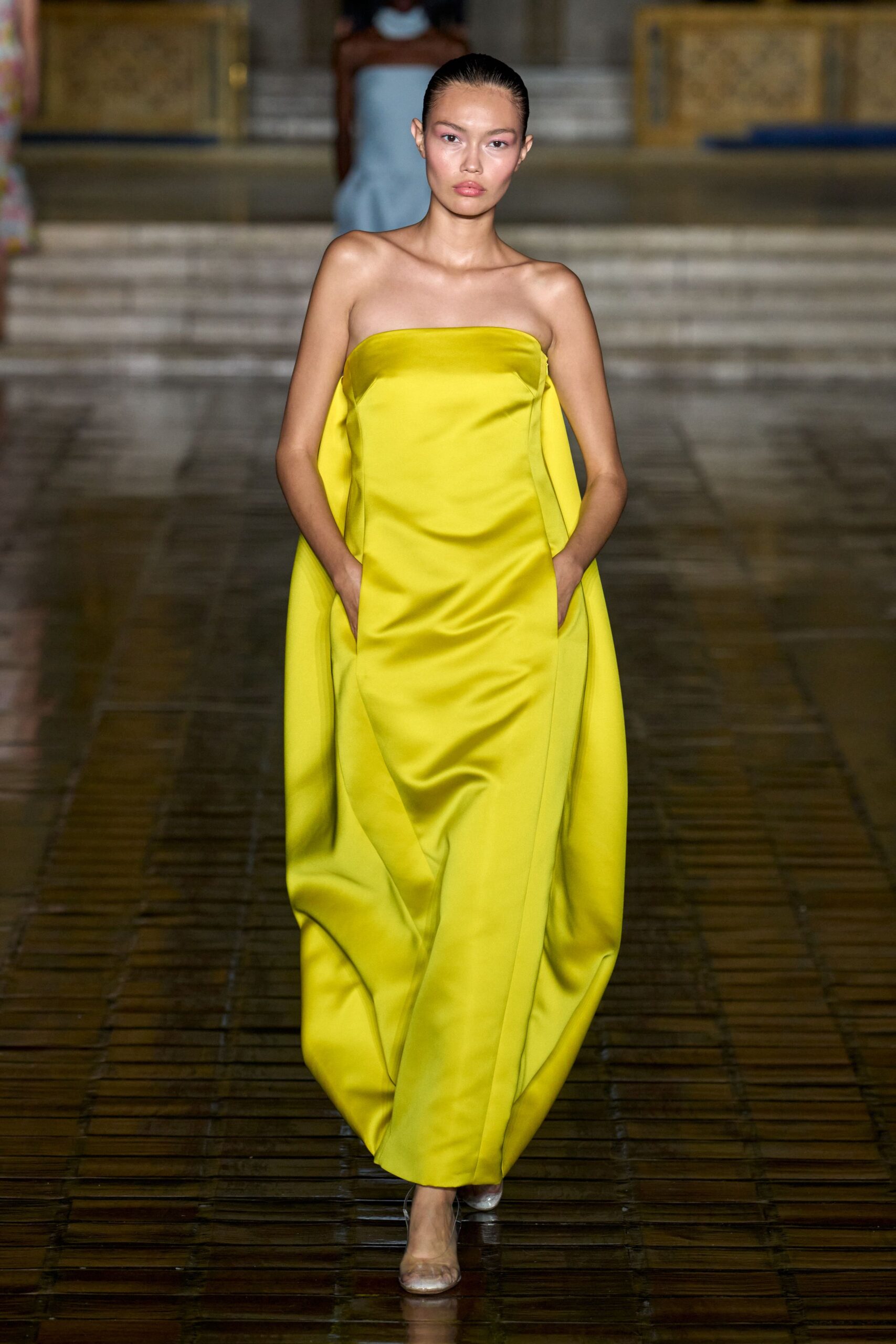 yellow silk strapless fitted pockets maxi gown