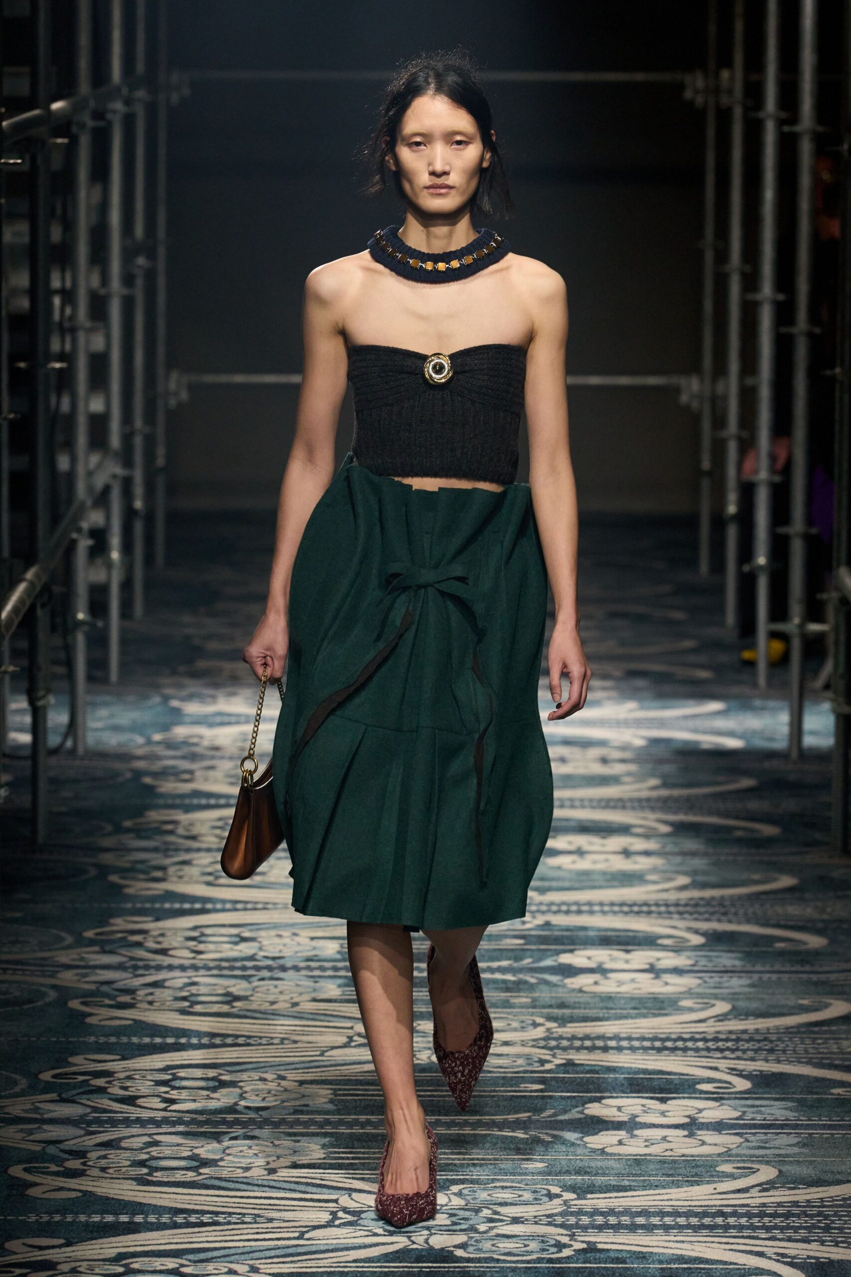 green wool asymmetric relaxed high-waisted pleated midi skirt