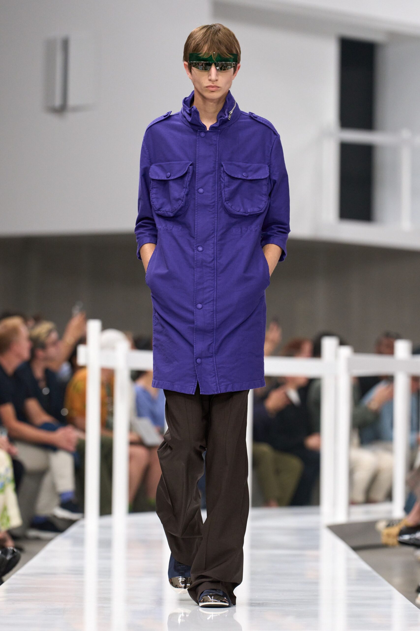 purple cotton long-sleeve collared relaxed buttoned pockets coat