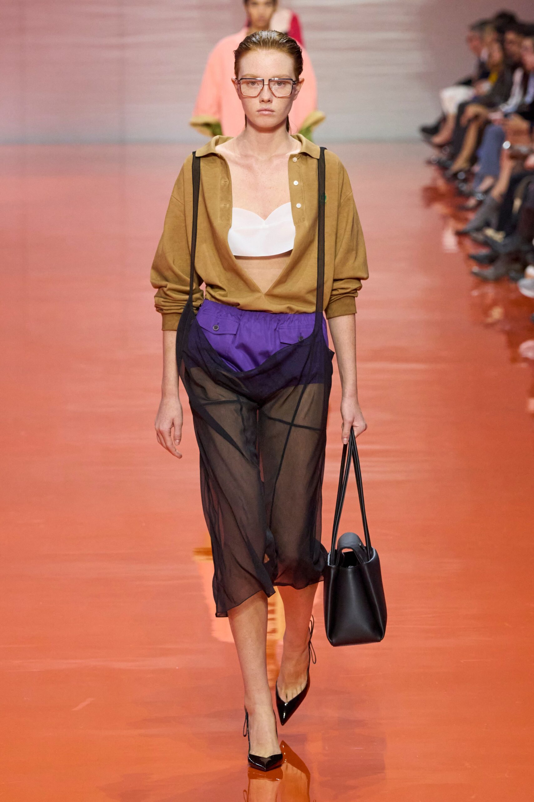 purple mesh relaxed pleated sheer pants