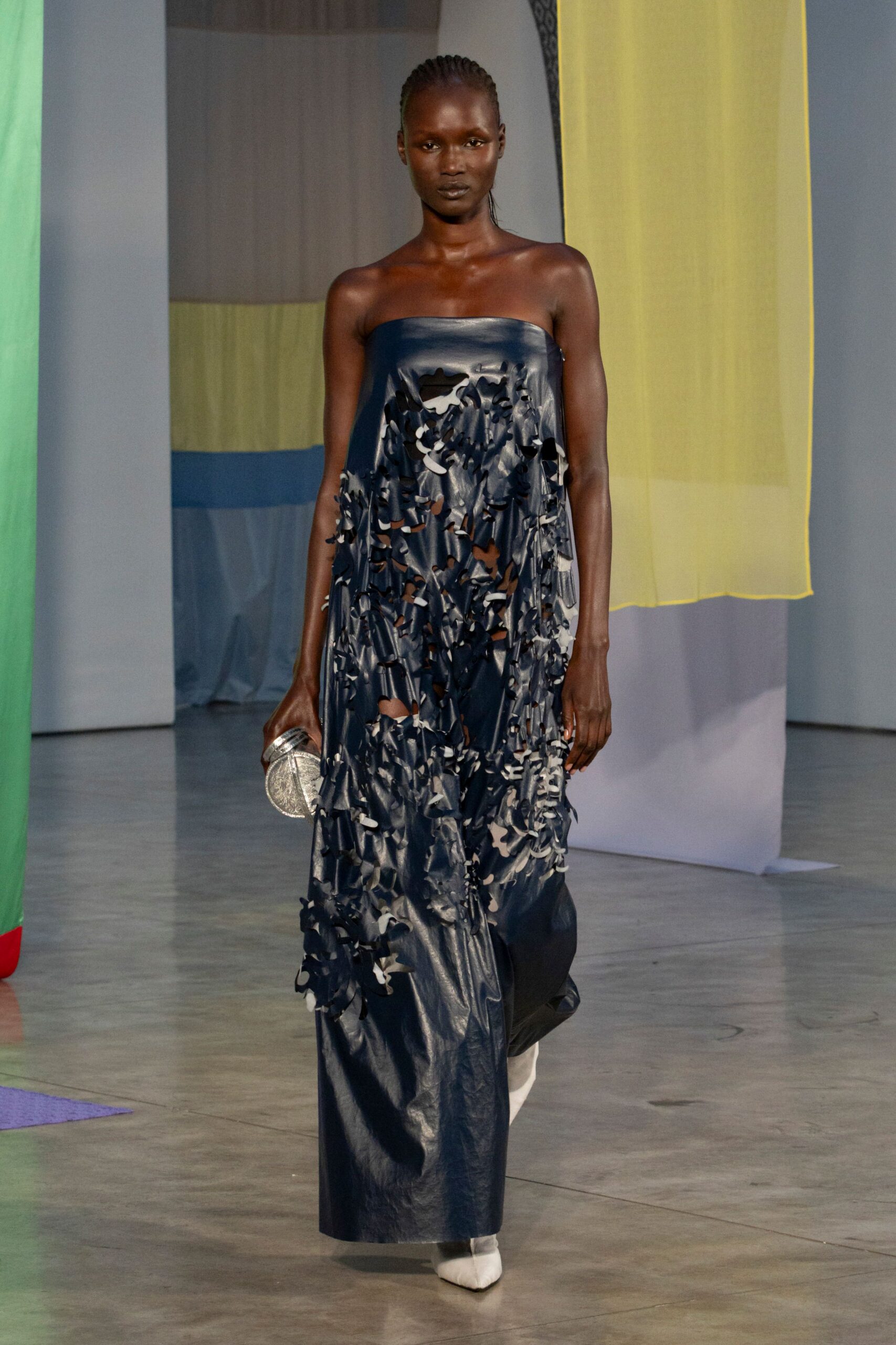 blue leather strapless fitted ruffled maxi gown