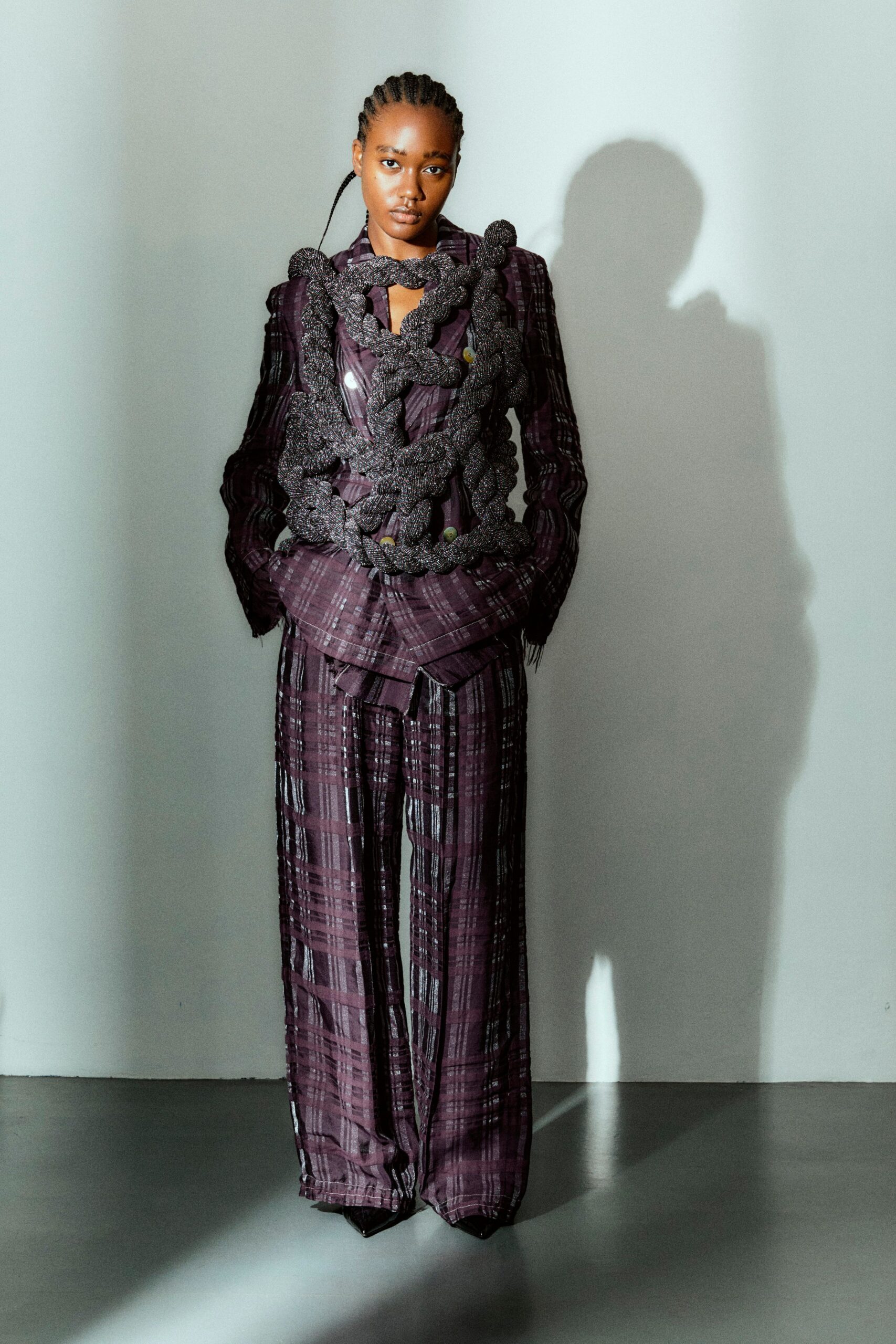 purple cotton long-sleeve collared relaxed layered textured blazer