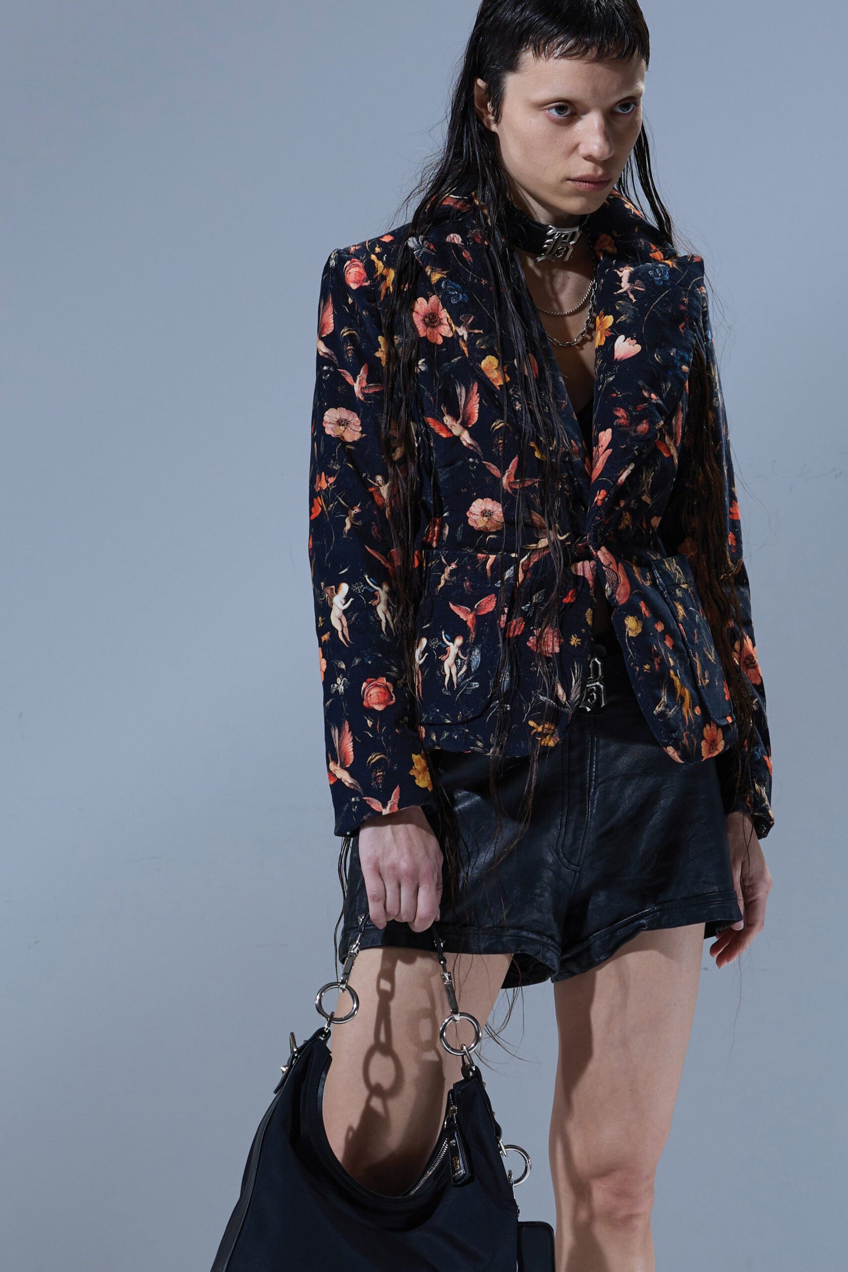 black cotton long-sleeve collared tailored floral buttoned blazer