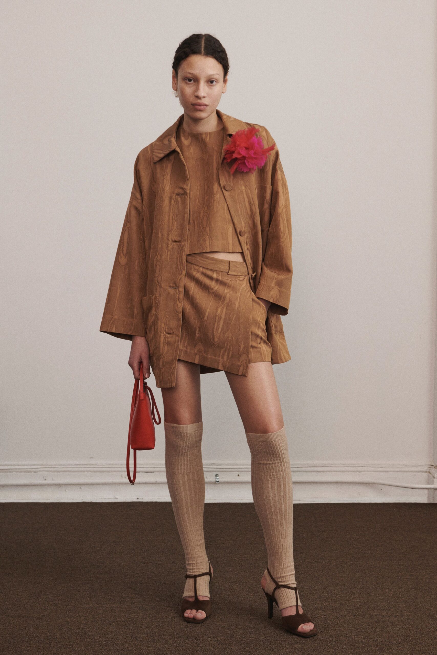 brown silk long-sleeve collared relaxed pleated jacket