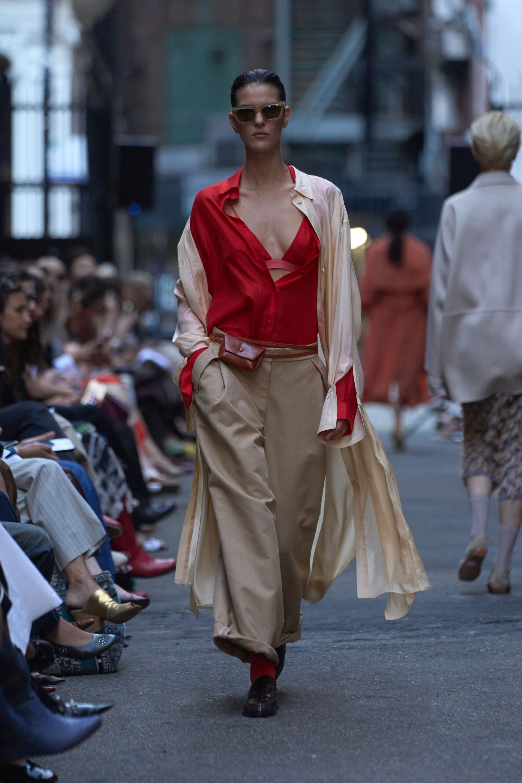 beige silk long-sleeve longline layered coat