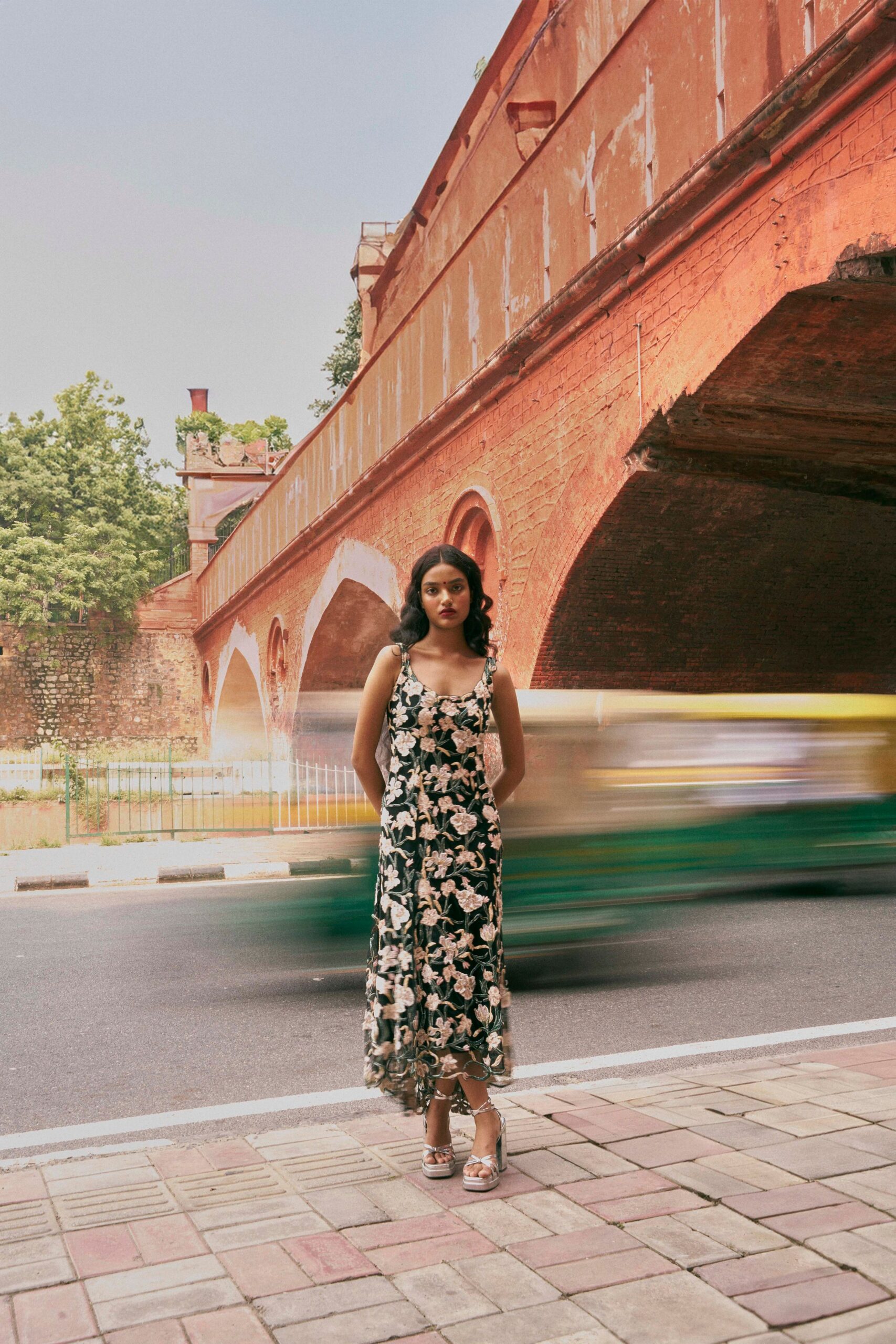 black cotton sleeveless v-neck fitted floral tiered dress