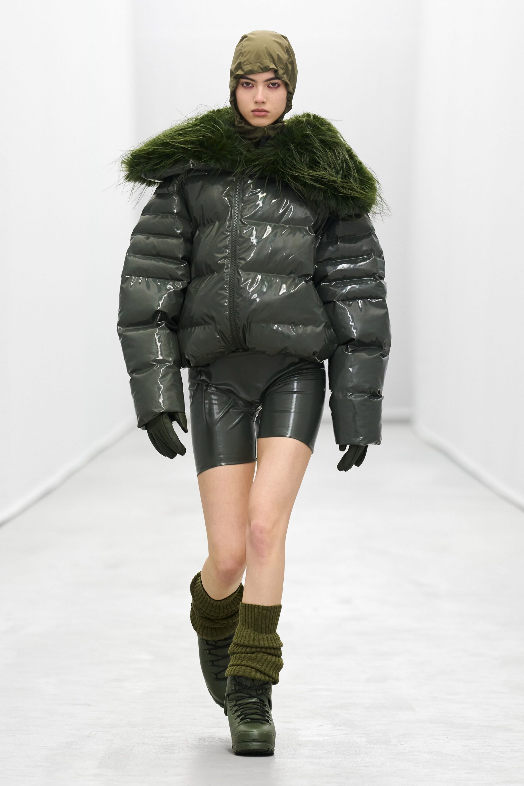 green vinyl long-sleeve collared fitted padded shiny jacket