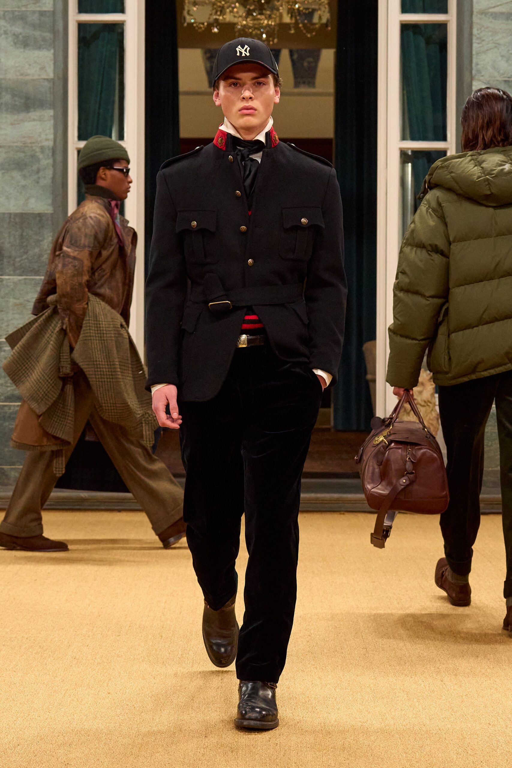 black structured jacket with velvet pants