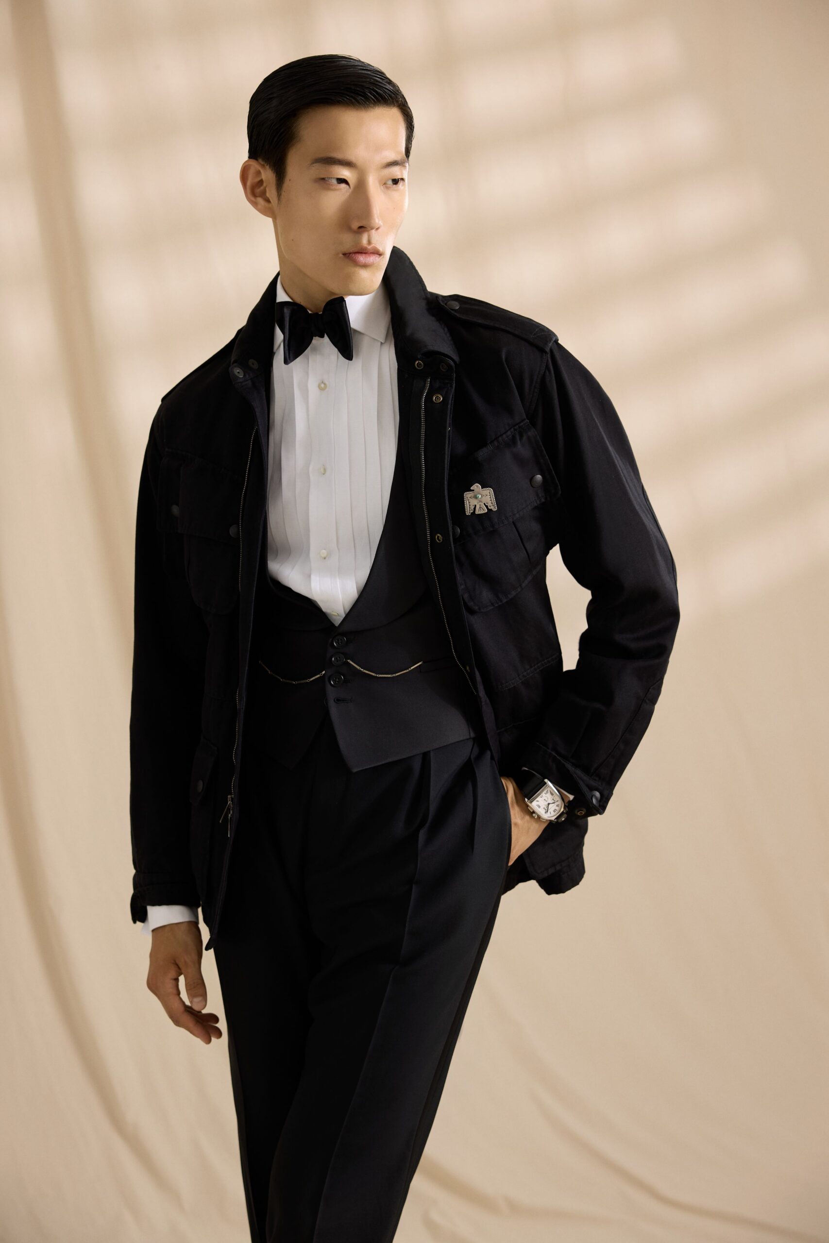 black jacket white shirt black vest pants