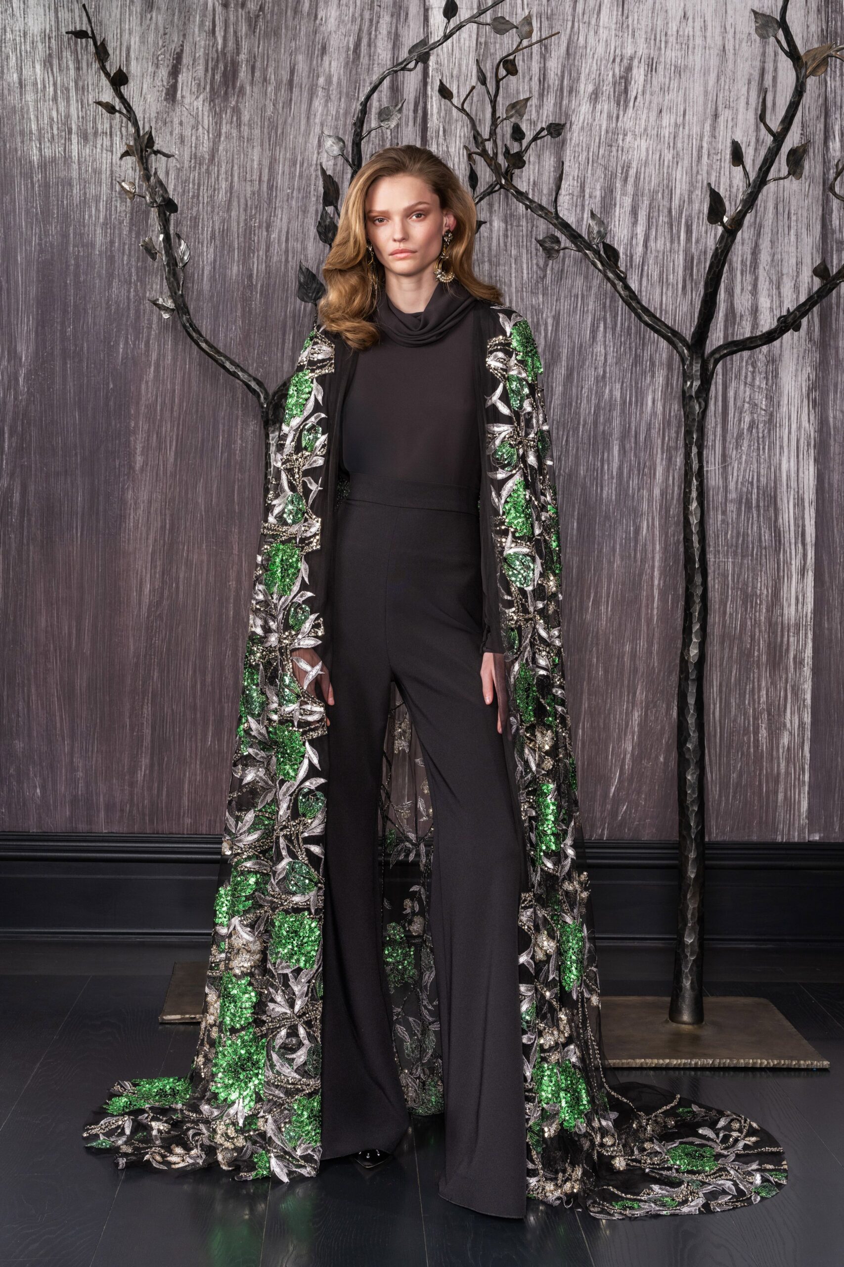 green silk relaxed embroidered layered flowing cape