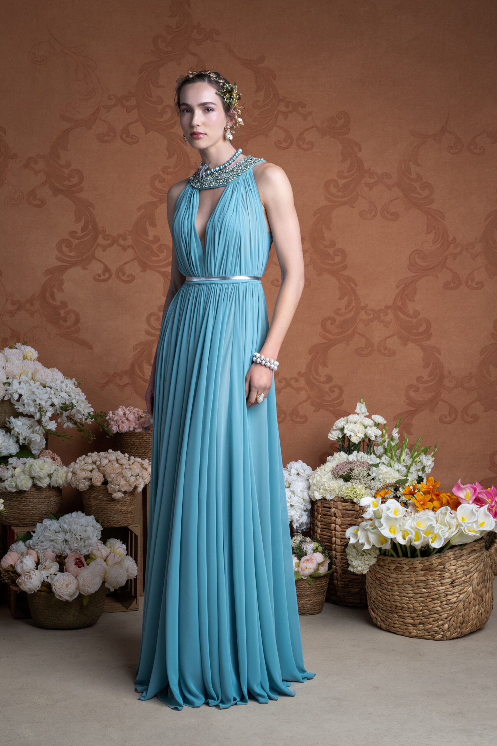blue silk sleeveless gown