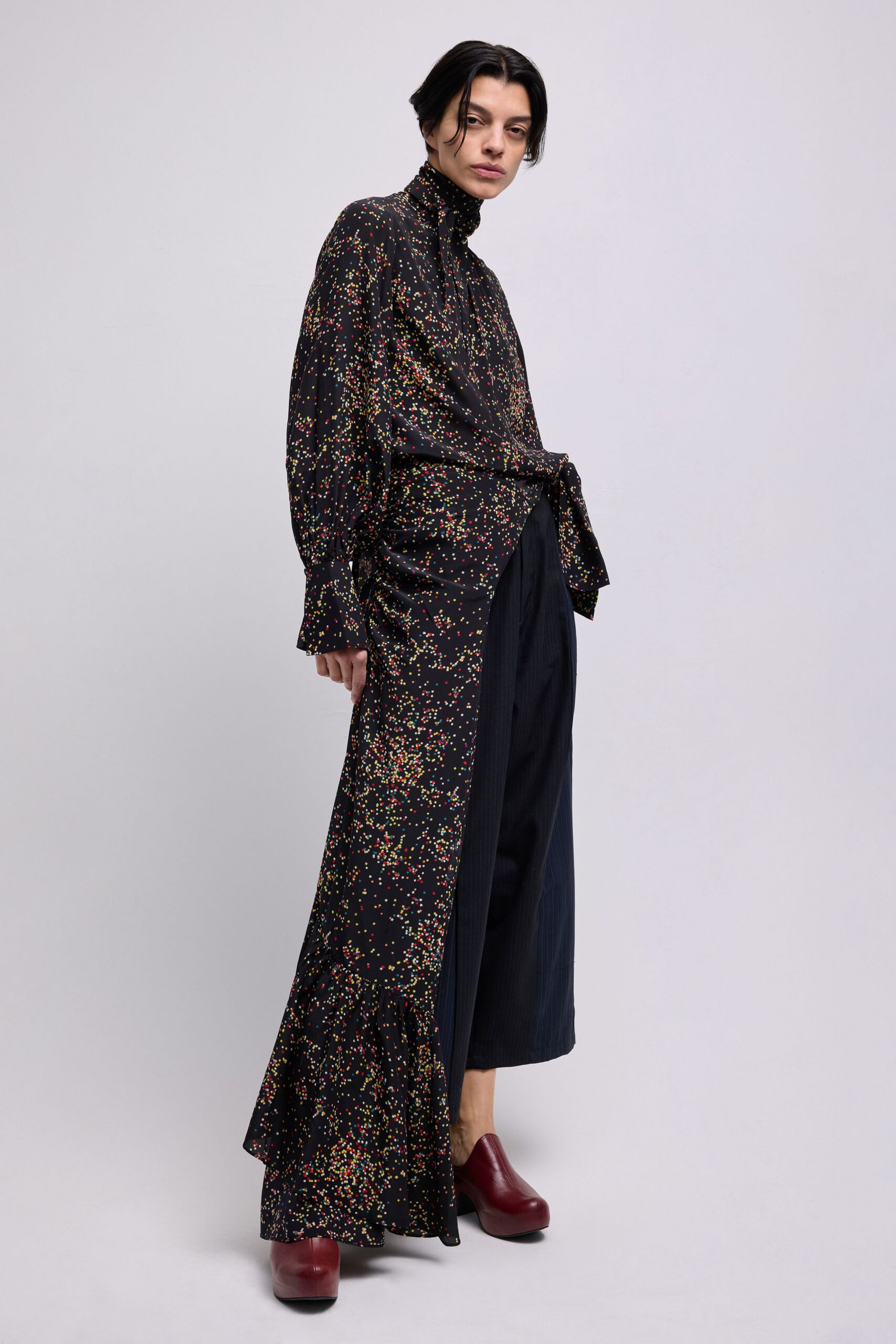 black silk long-sleeve high-neck fitted flared printed dress