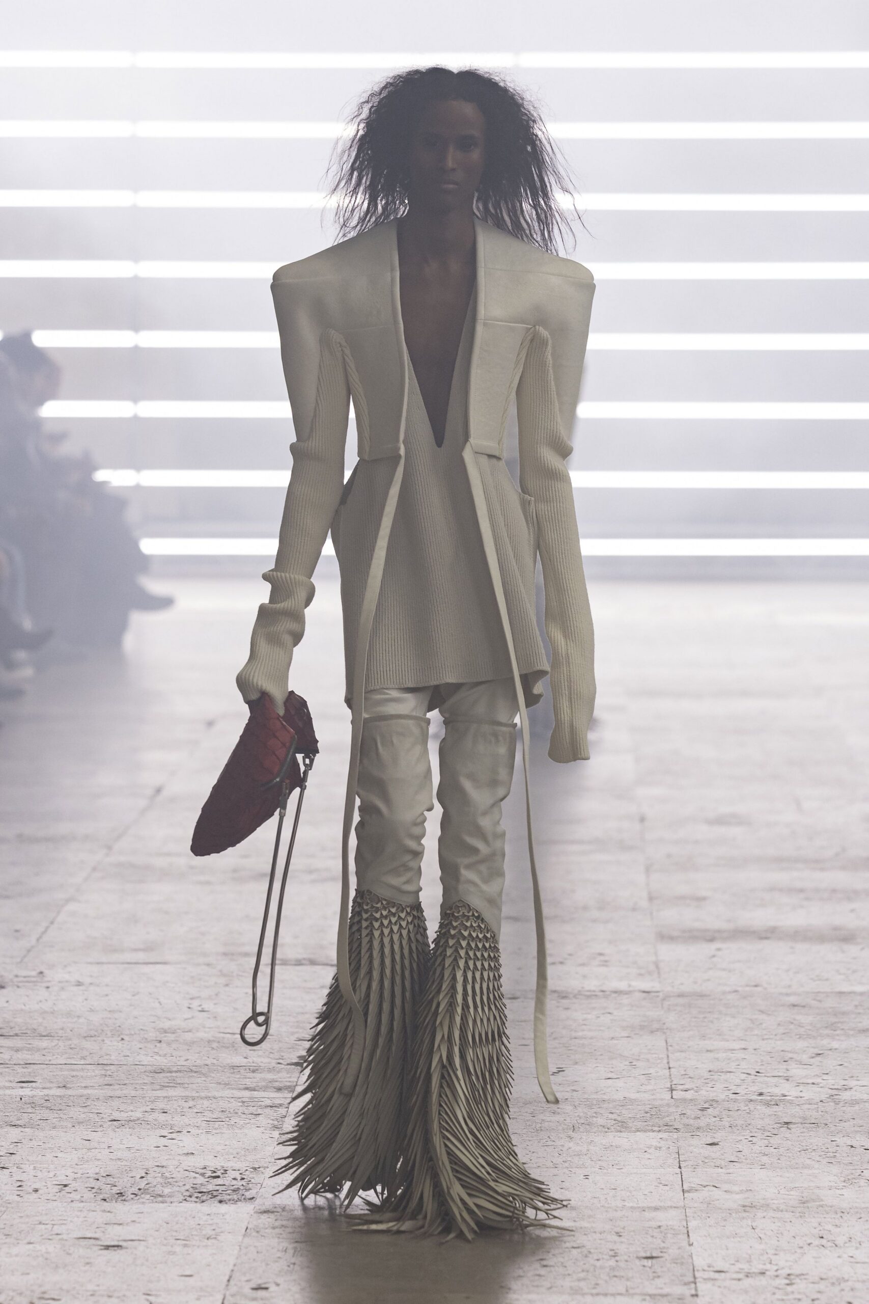 white fitted top with fringed pants
