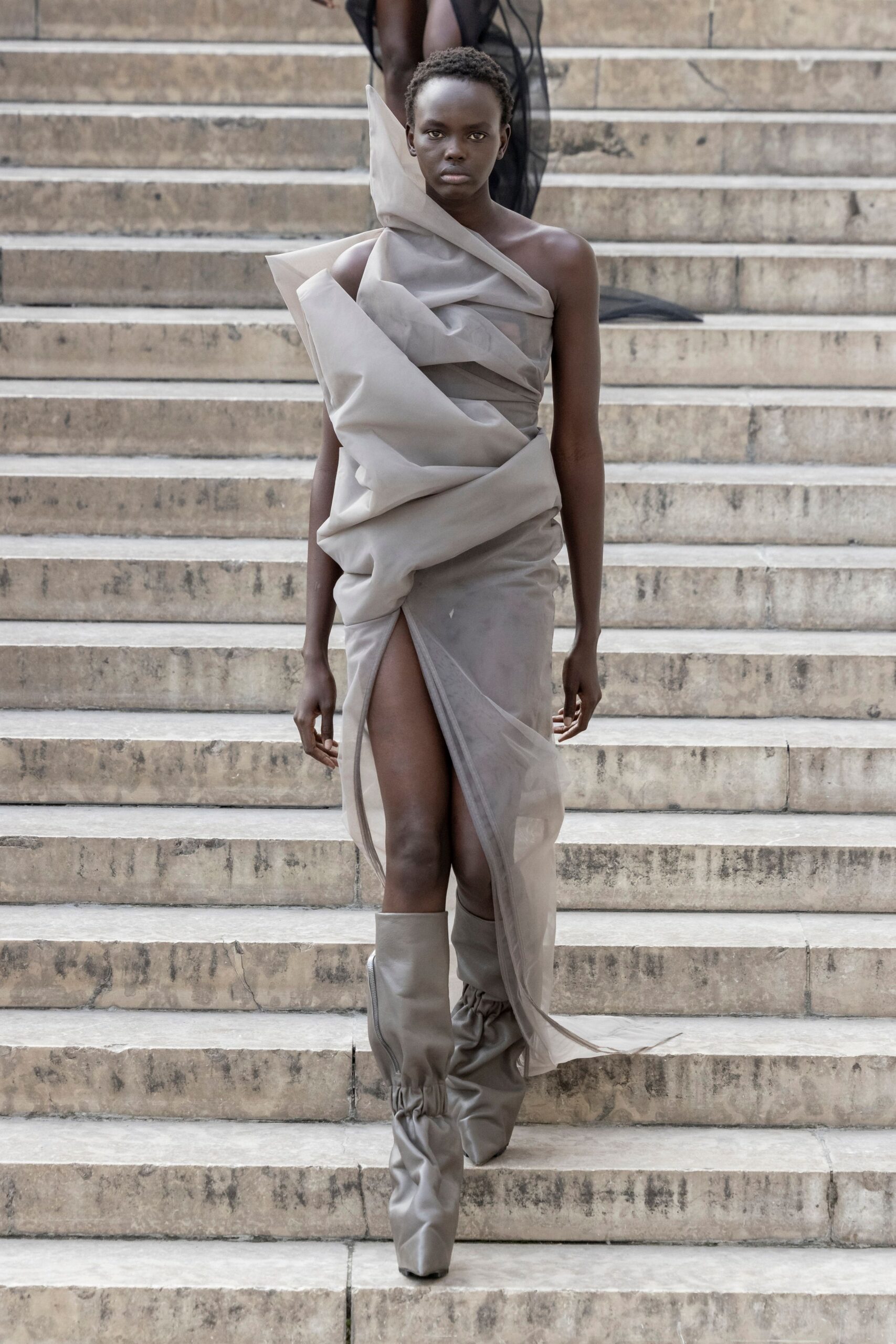 gray silk sleeveless high-neck fitted draped sheer dress
