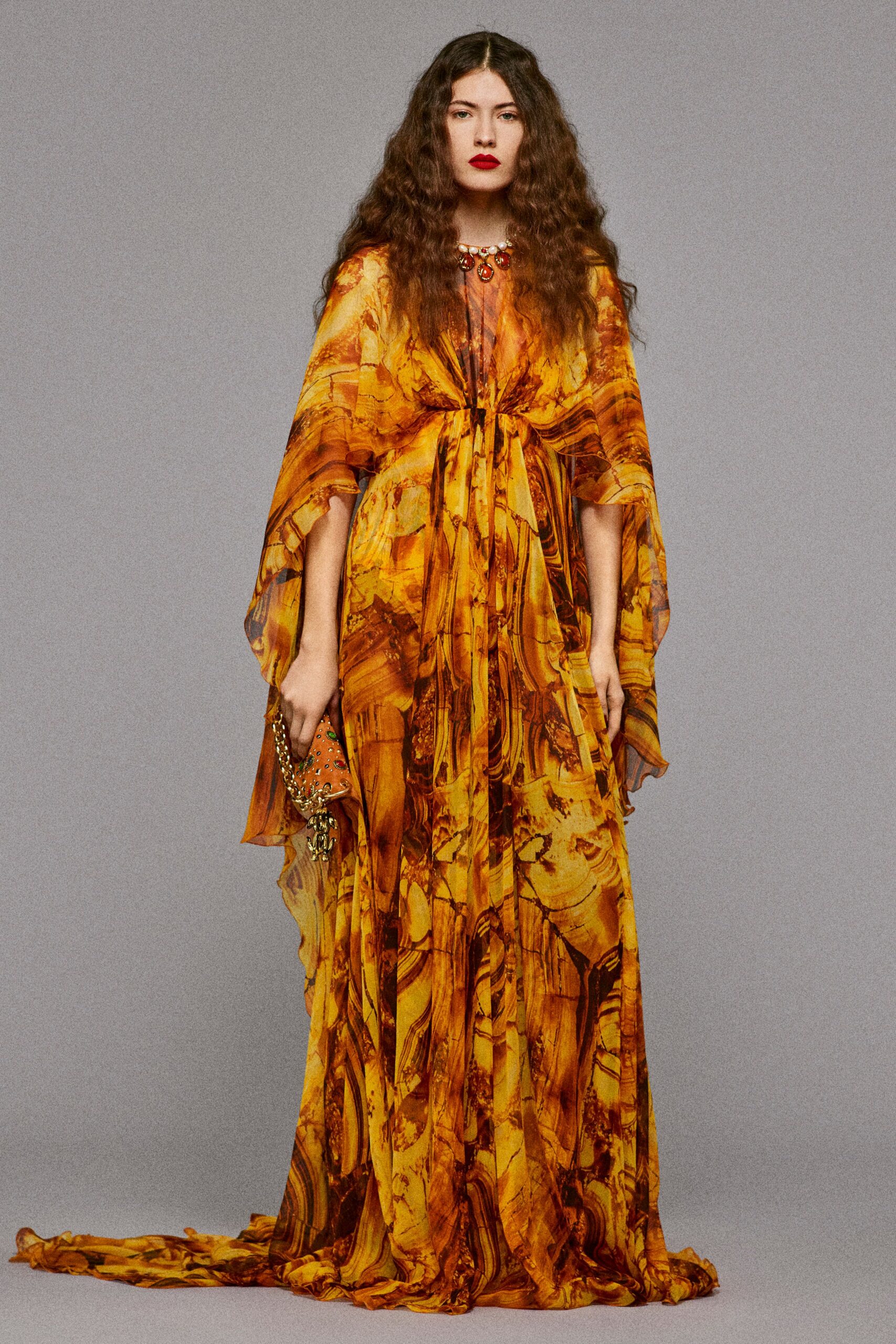 yellow orange silk flowing gown