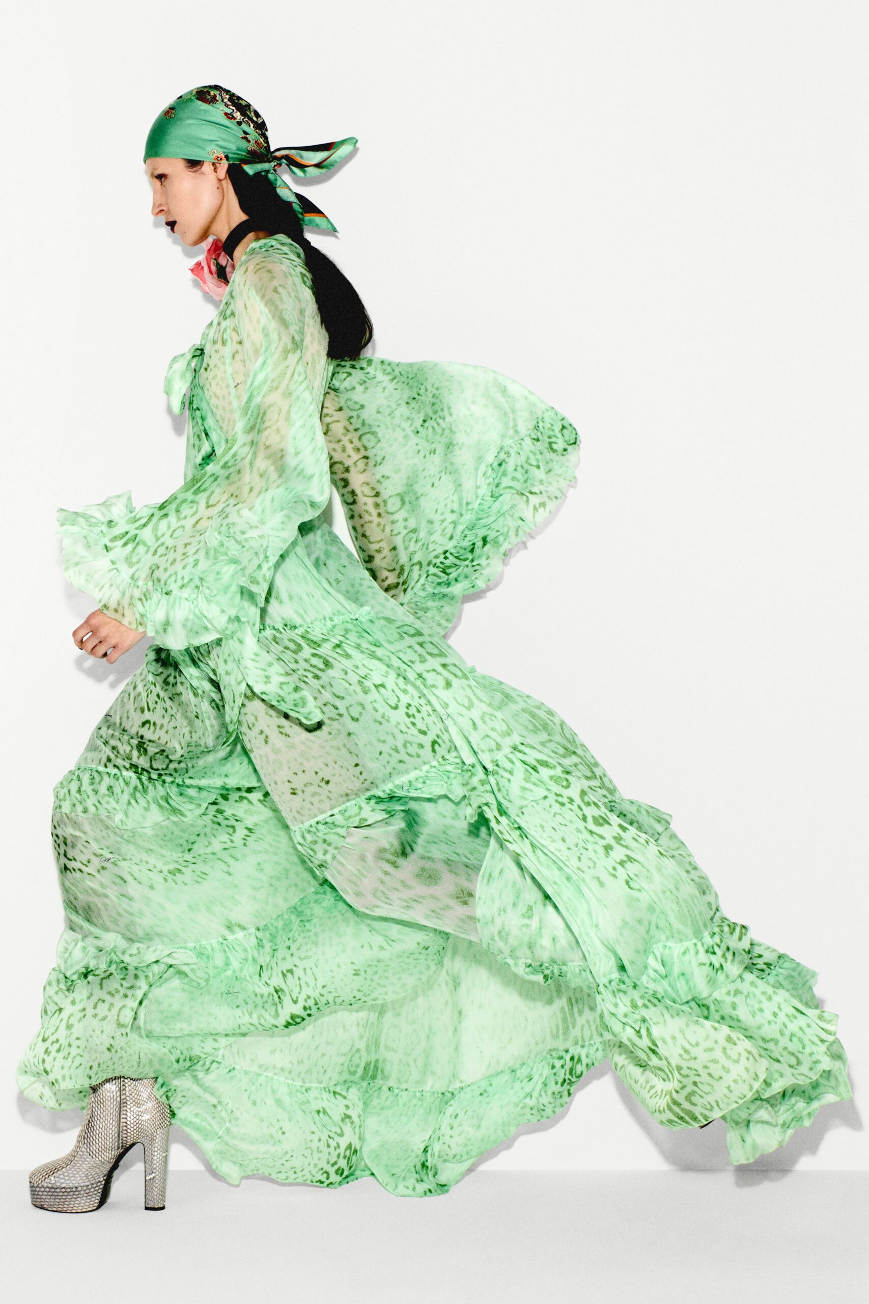 green chiffon long-sleeve v-neck flared printed gown